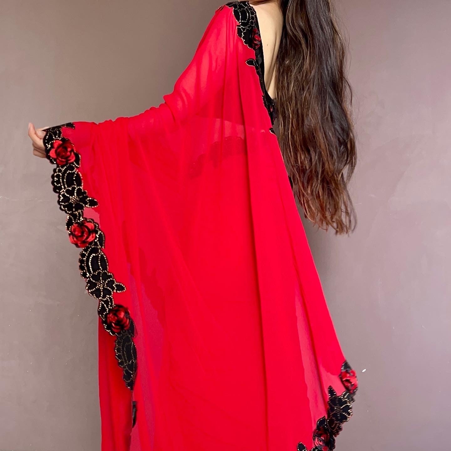 RED GEORGETTE SAREE WITH DESIGNER VELVET LACE