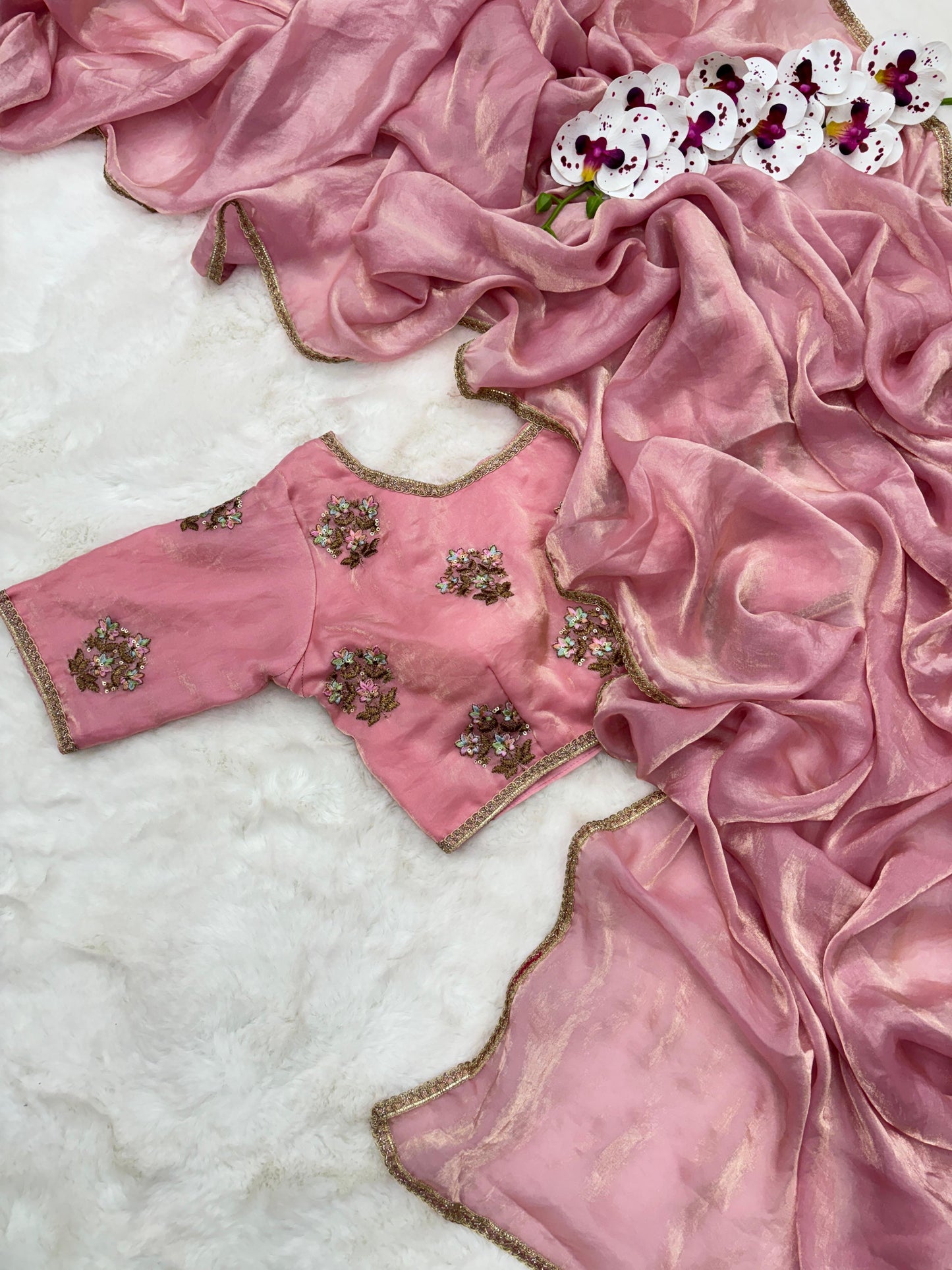 HEAVY DESIGNER FENDY SOFT AND RICH SILK SAREE WITH DESIGNER LACE with stitched blouse β€οΈ