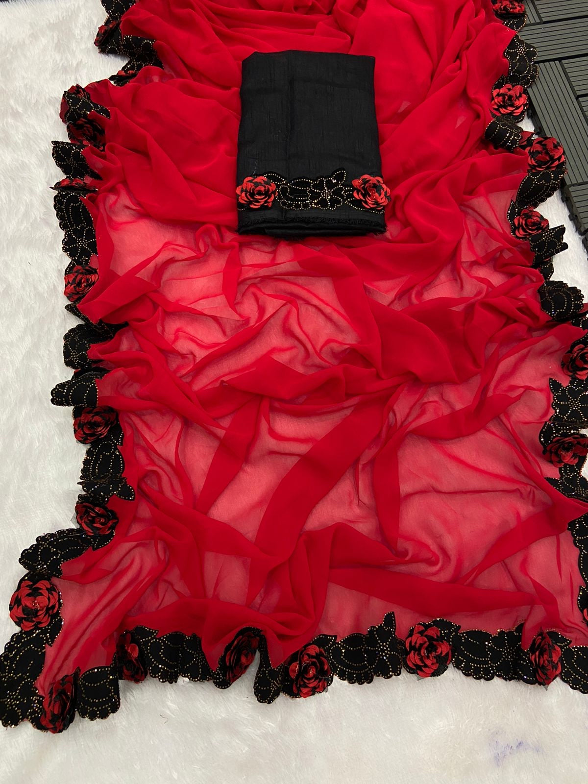 RED GEORGETTE SAREE WITH DESIGNER VELVET LACE