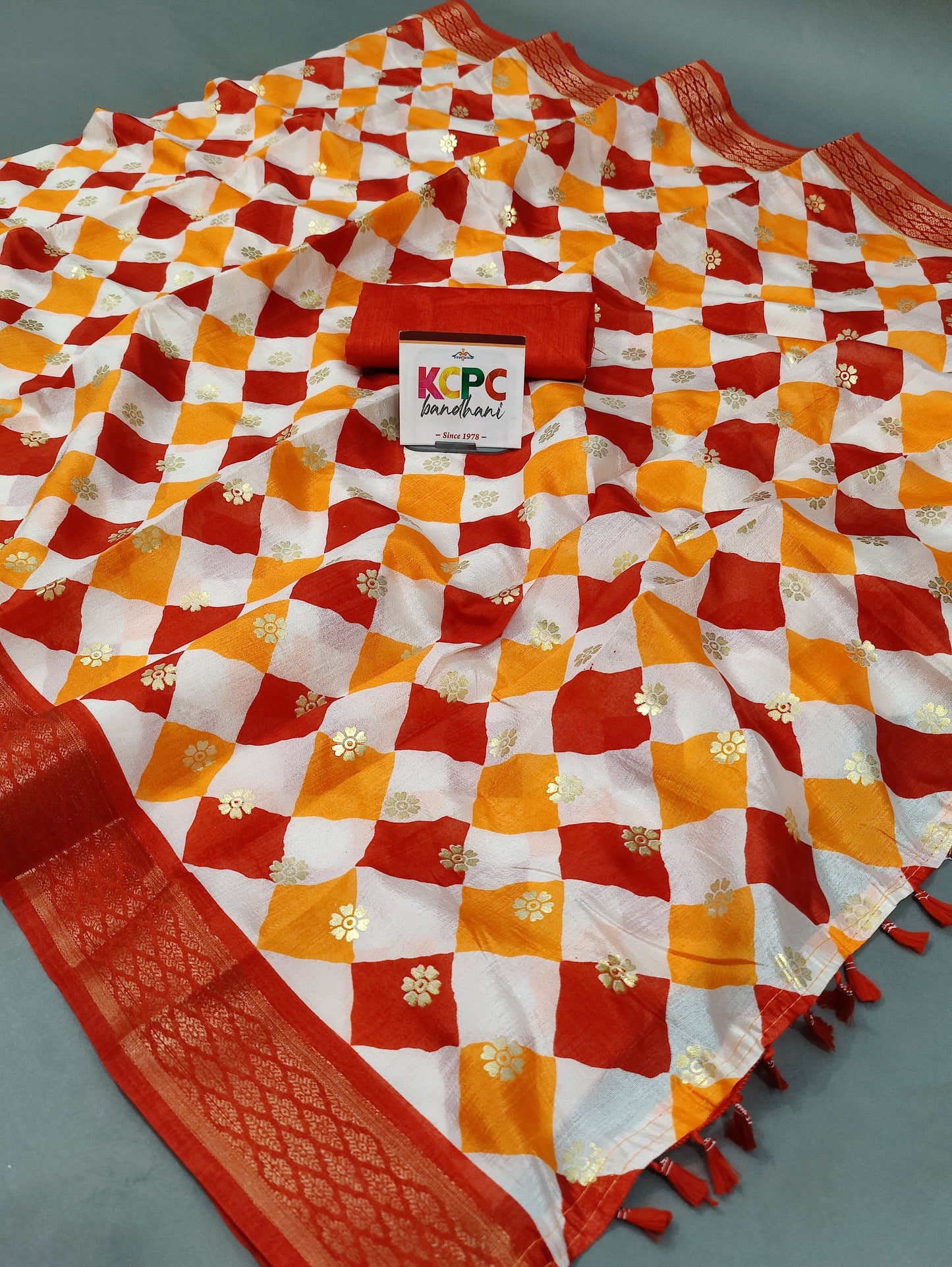 KcPc Originals Latest Bandhani Cum Leheriya Exclusive Banarasi Border Saree with gold foil work