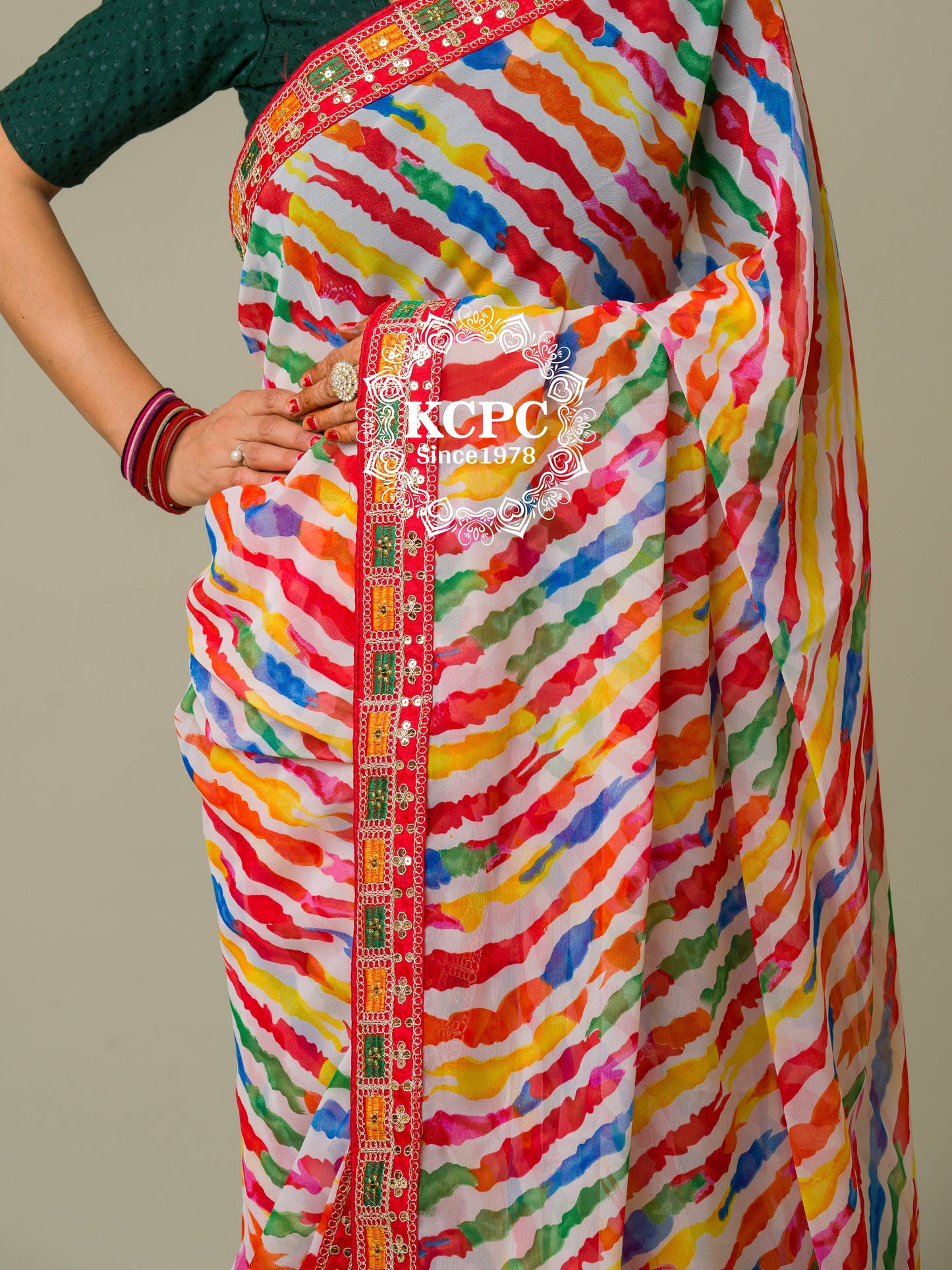 Pure Georgette Beautiful Lehriya Print With Codding Work Saree, ASH, OR