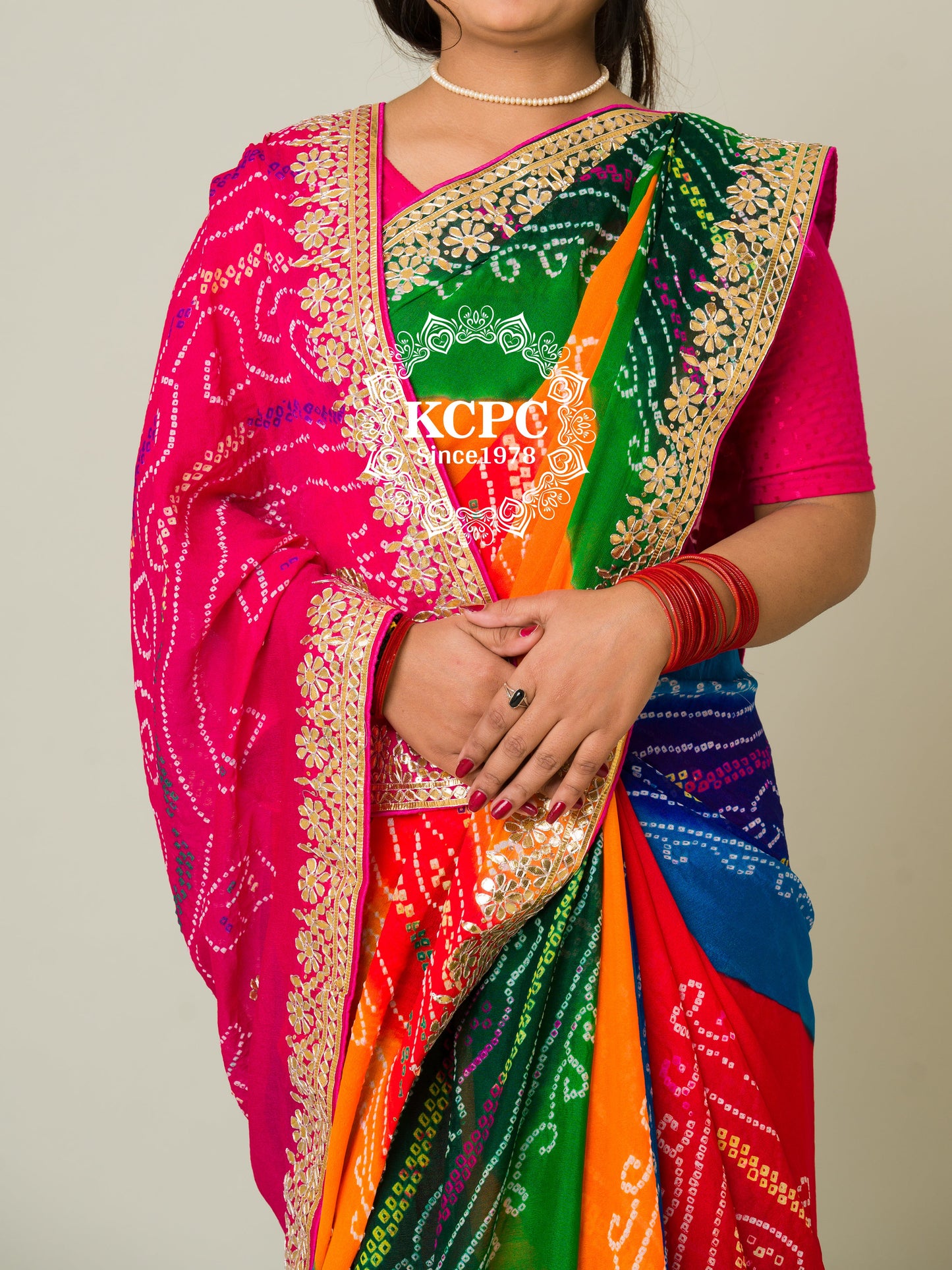 Latest Pachrangi Pure ojariya chinon bandhej Gotapatti Saree with Blouse, rg