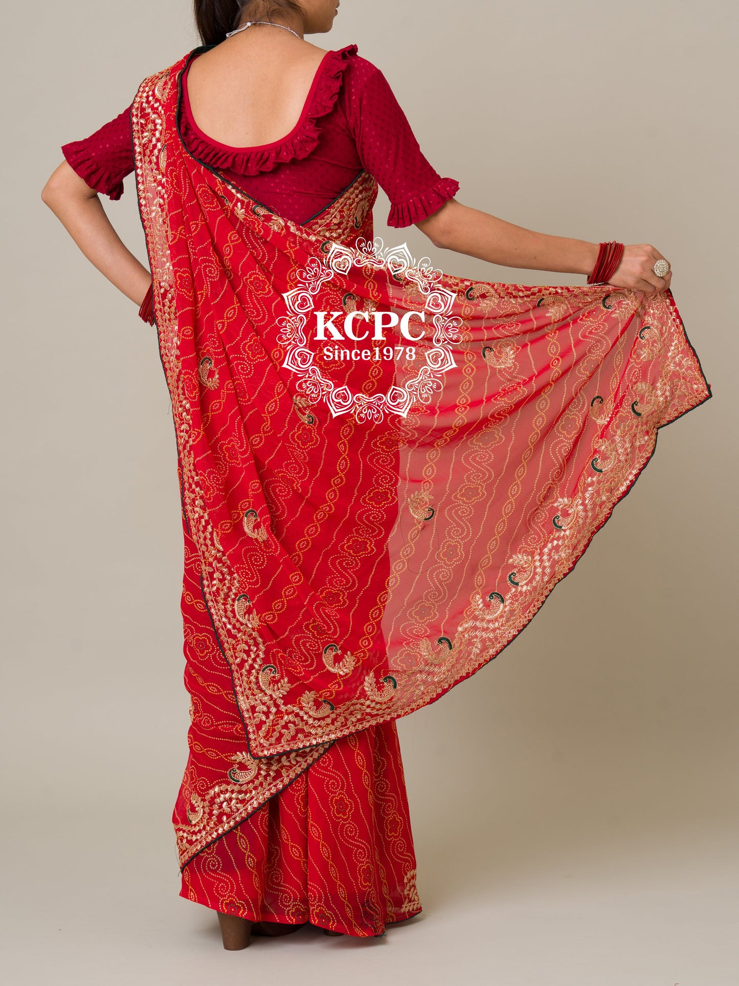 Latest Pure 60 gram Georgette Bandhani Gotapatti Work Saree.