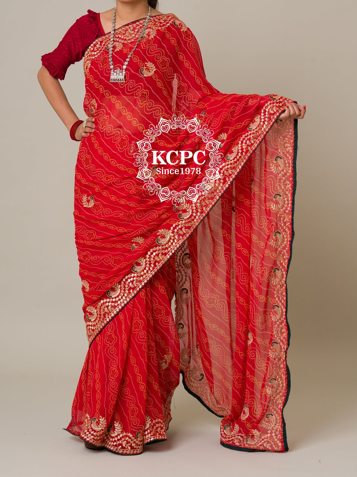 Latest Pure 60 gram Georgette Bandhani Gotapatti Work Saree.