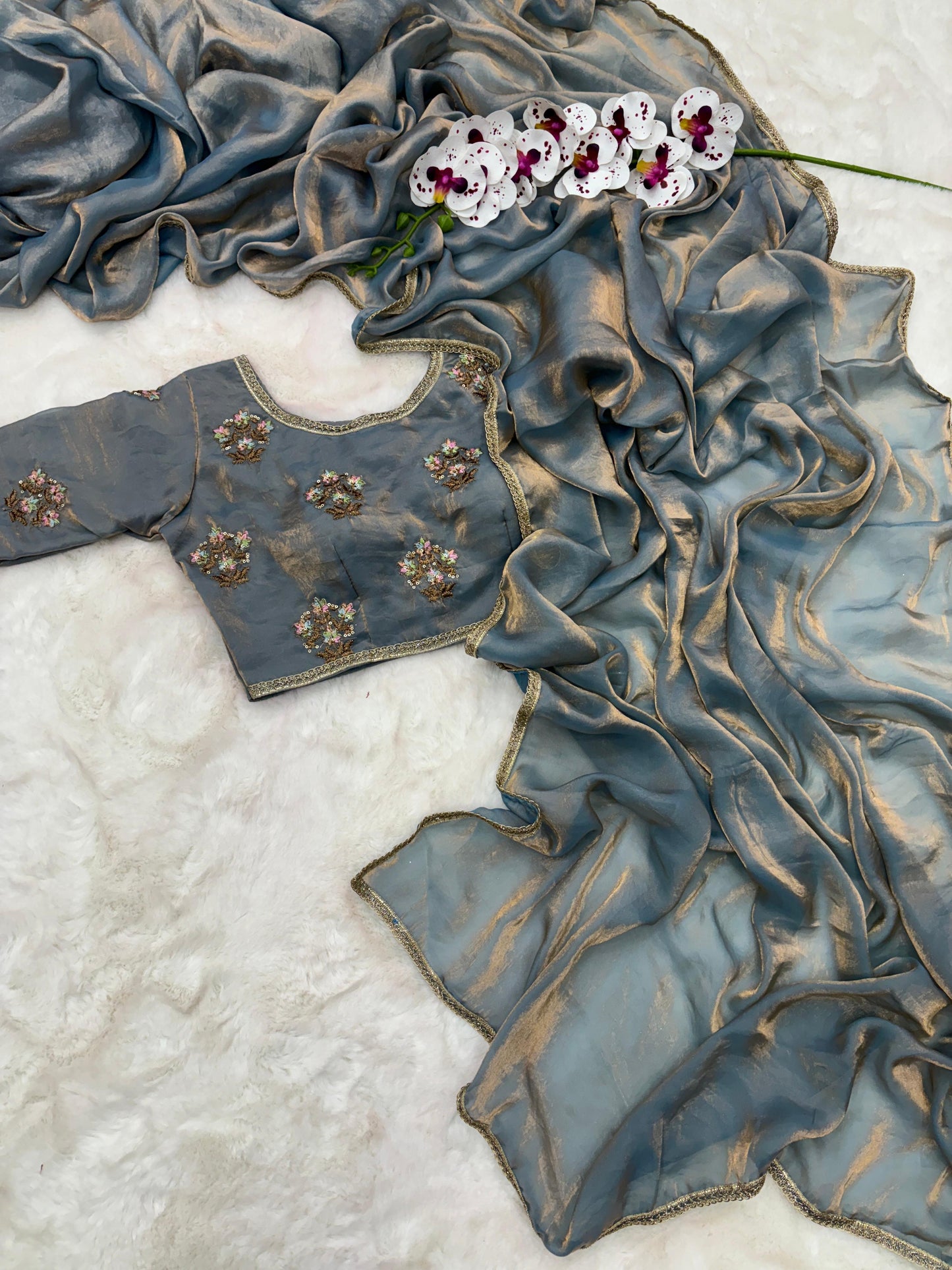 HEAVY DESIGNER FENDY SOFT AND RICH SILK SAREE WITH DESIGNER LACE with stitched blouse β€οΈ