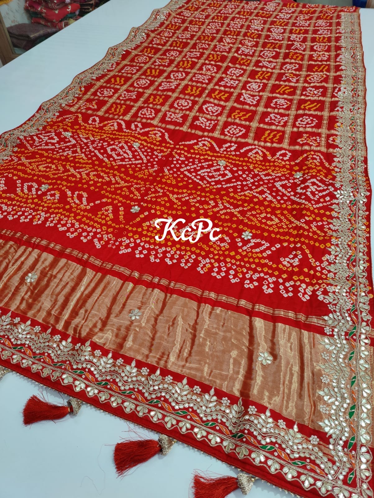 Pure Gaji Silk Bandhani Ghatchola Gotapatti Work Saree with blouse NR, kcpc