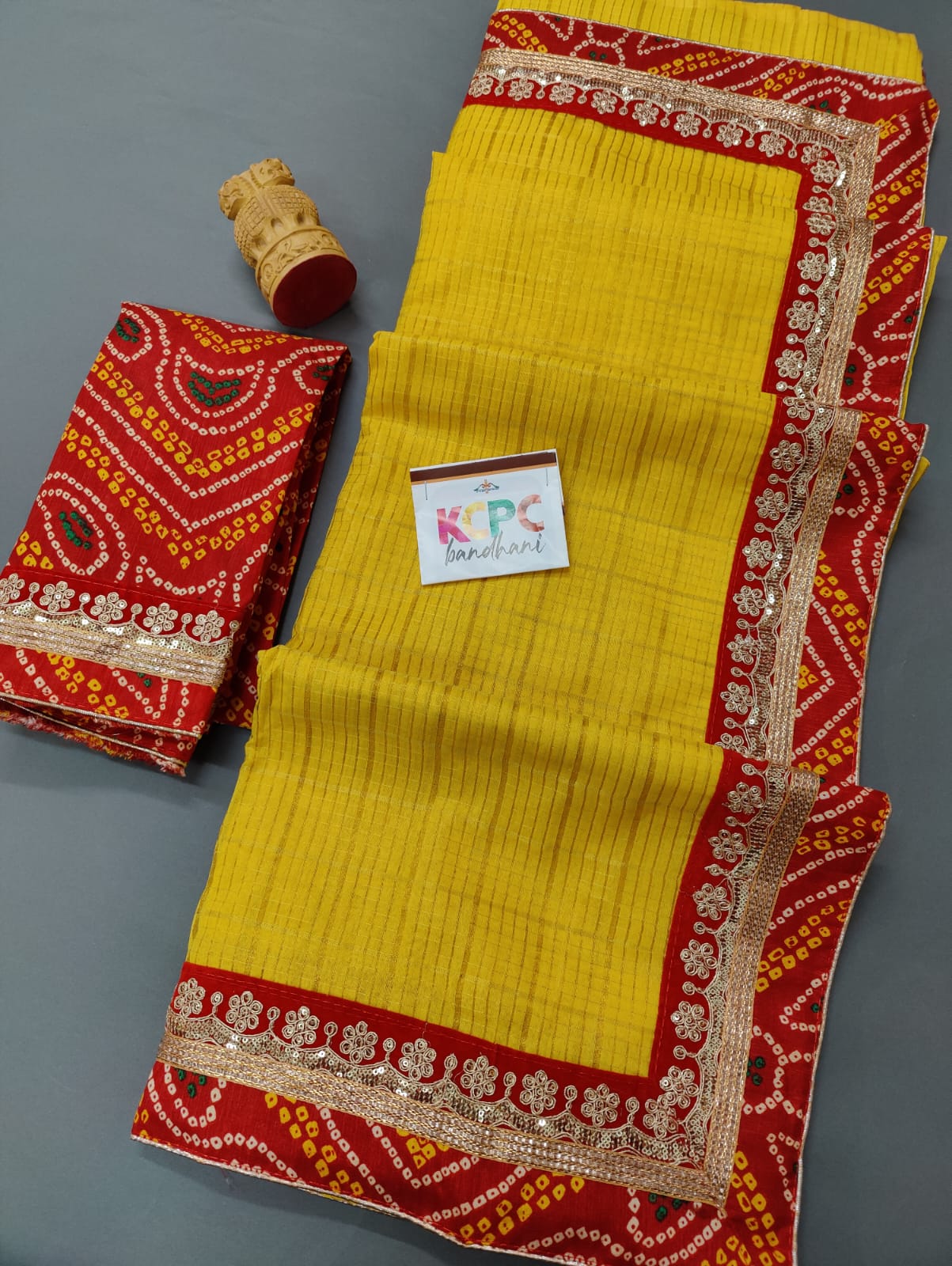 Tissue Cotton Kota Doria Ghatchola Checks Bandhani Pooja Special Saree Yellow