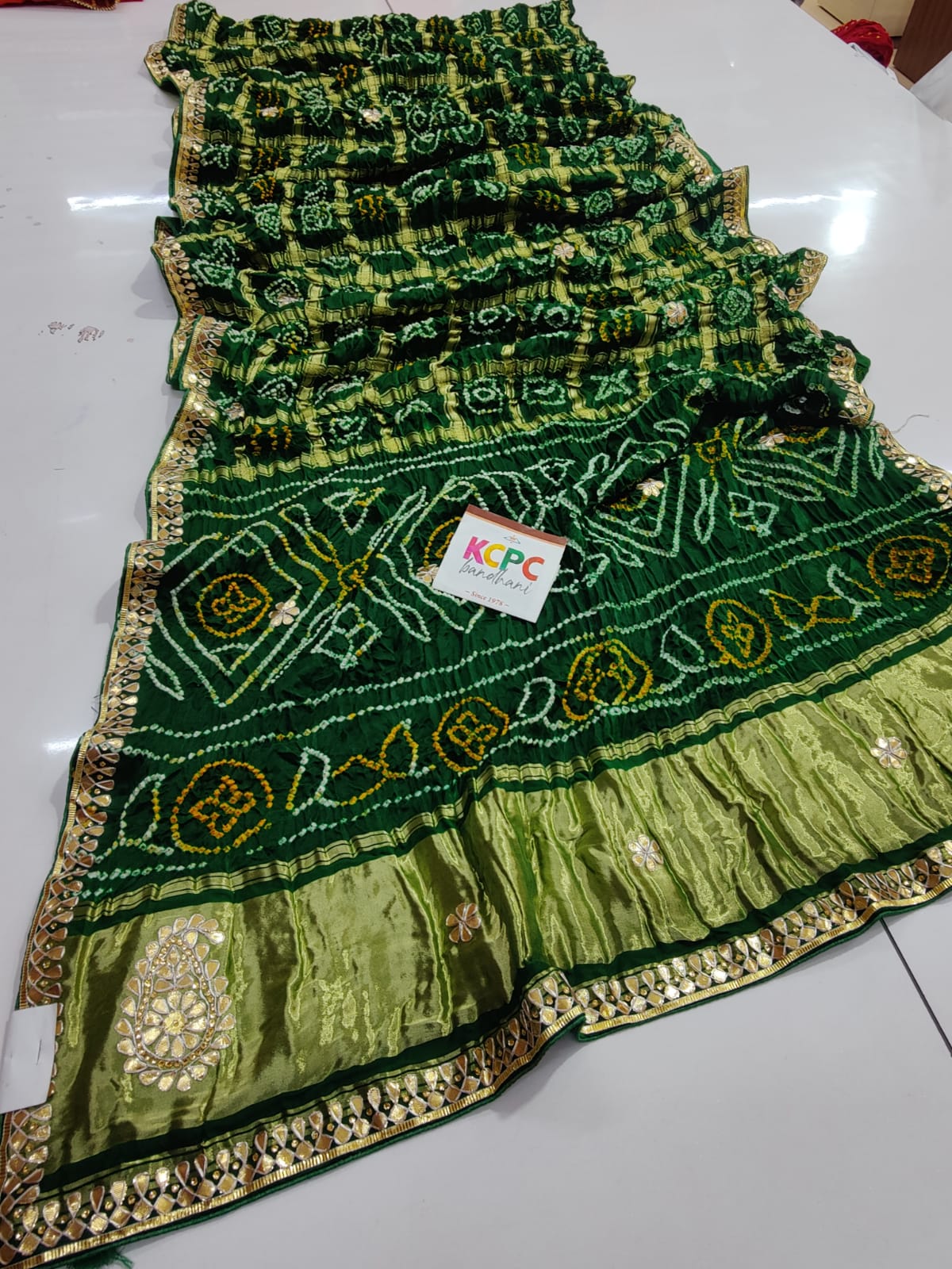 Pure Gaji Silk Bandhani Ghatchola Gotapatti Work Saree With Blouse Green Saree