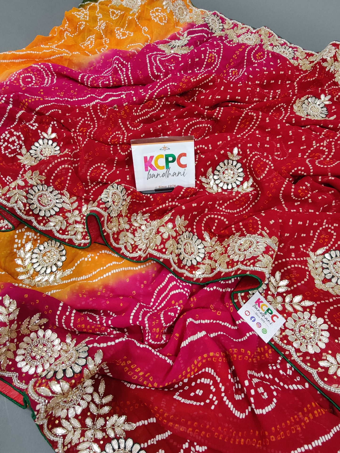 Pure Georgette Raidana Bandhej Gotapatti Pachrangi Chunri Jaipuri Saree SL