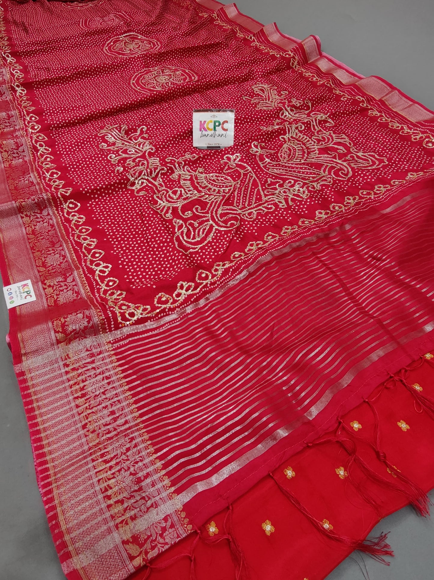 Designer Dola Silk Bandhani Print Gotapatti Aaritari work Saree amt