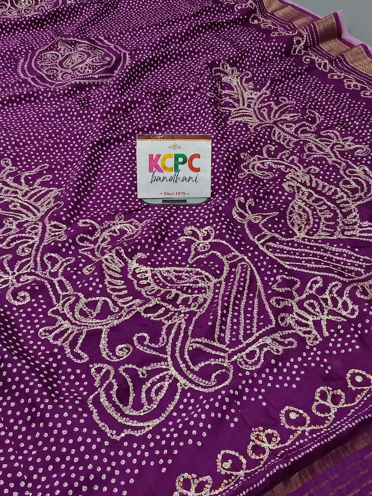 Designer Dola Silk Bandhani Print Gotapatti Aaritari work Saree amt