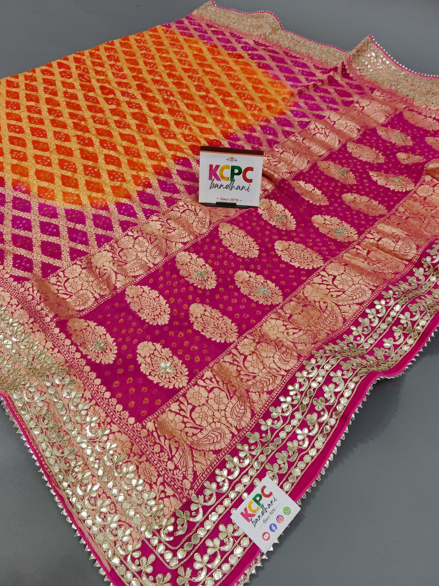 Pure Khaddi Georgette Bandhani Neemzari Resham Thread Upada Jangla Dupatta with heavy Gotapatti work