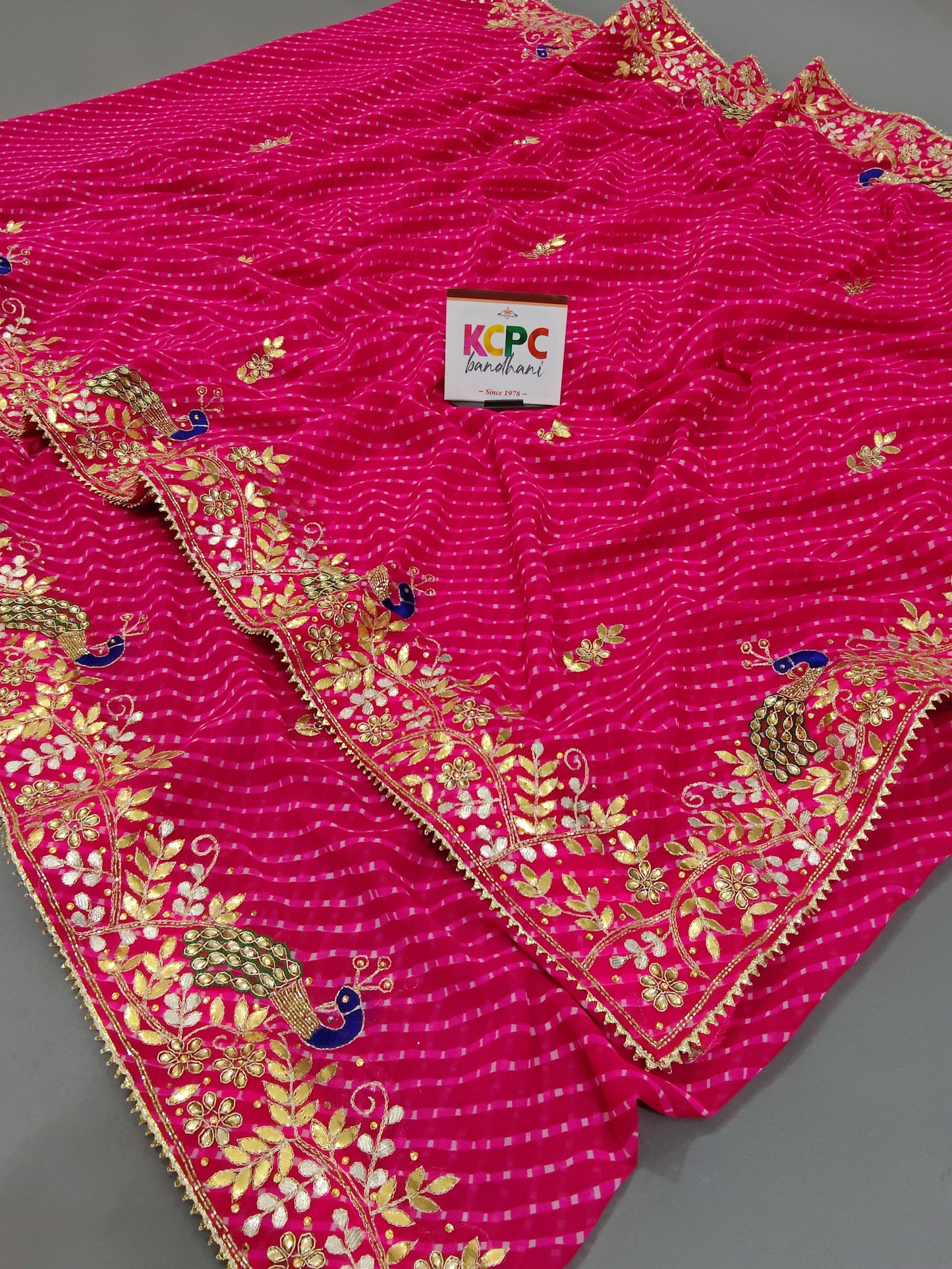 Pure Georgette Jaipuri Handwork Mothda Leheriya Saree with Peacock Gotapatti