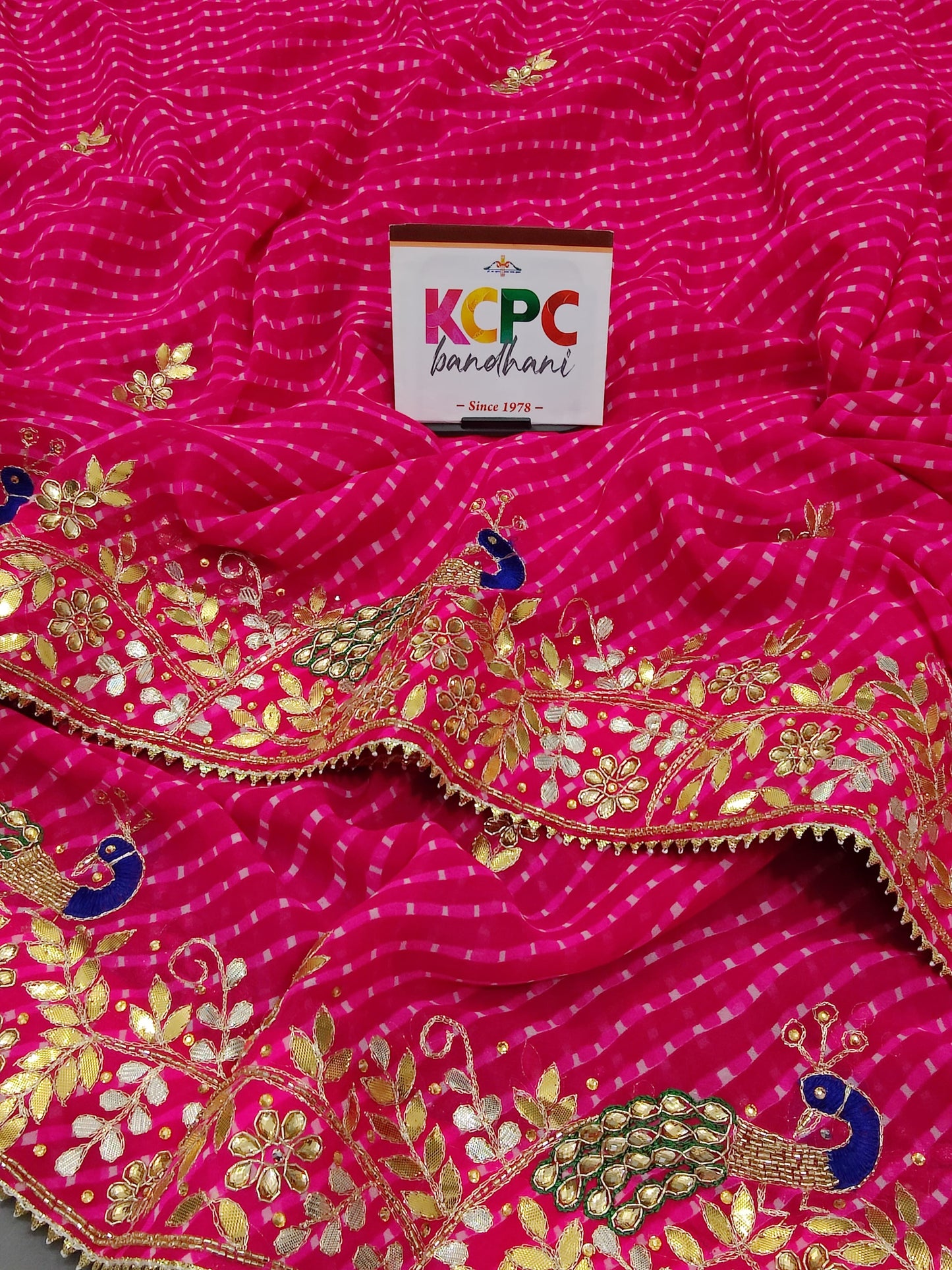 Pure Georgette Jaipuri Handwork Mothda Leheriya Saree with Peacock Gotapatti