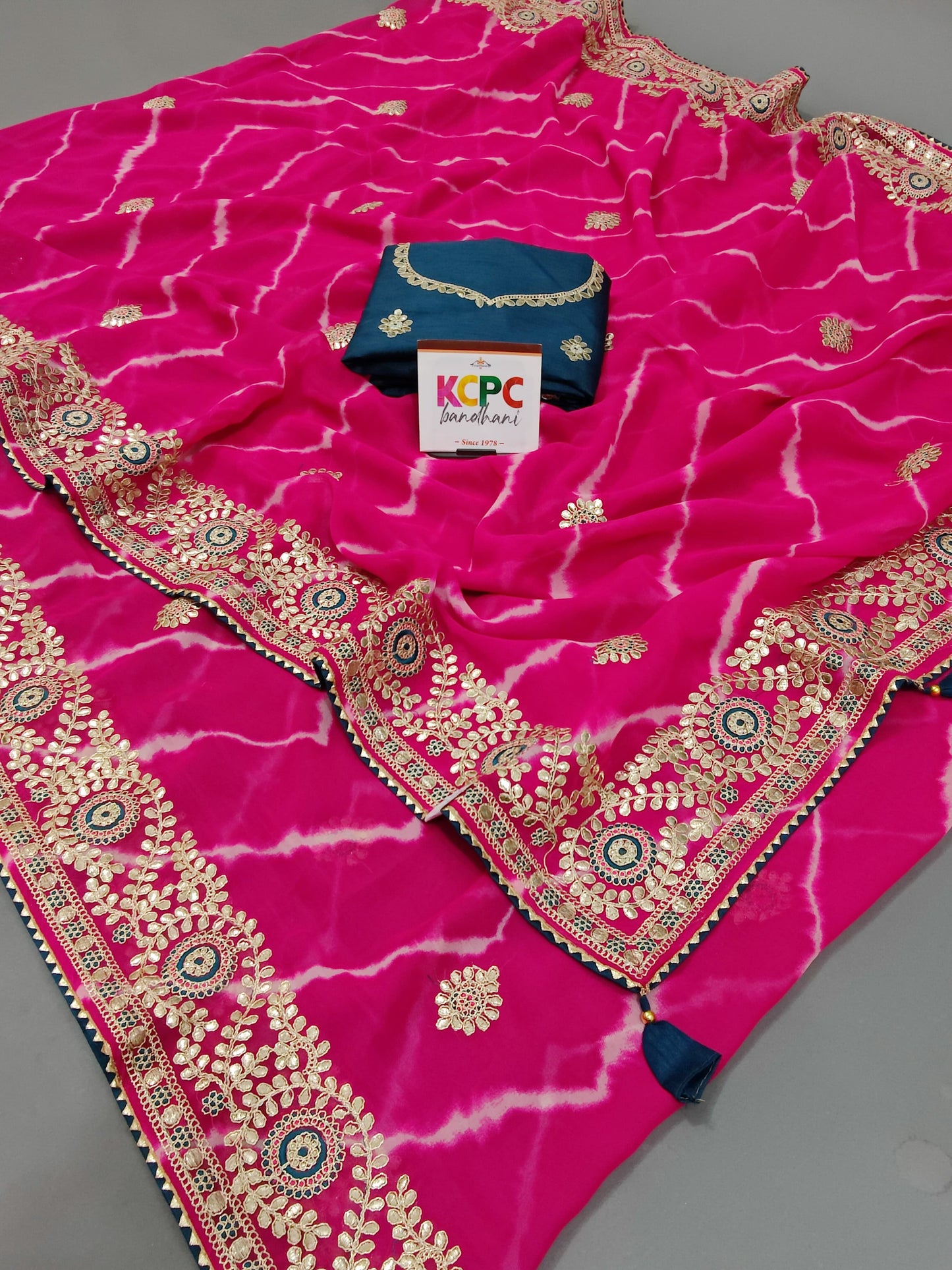 Pure Georgette Jaipuri Mothda Leheriya Saree with Gotapatti amt