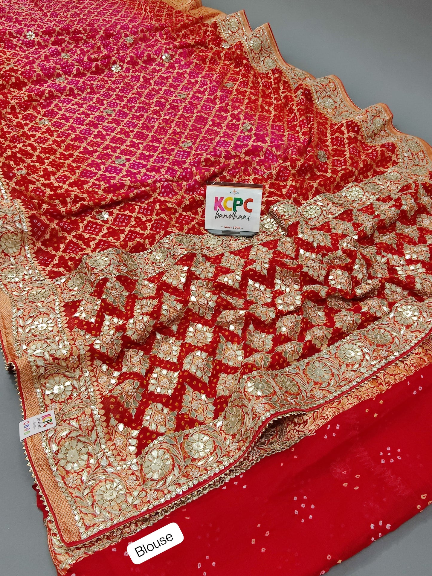 KcPc Designer Sabyasachi Inspired Pure Khaddi Georgette Neemzari Bandhej Gotapatti Zaridoji work Saree with blouse