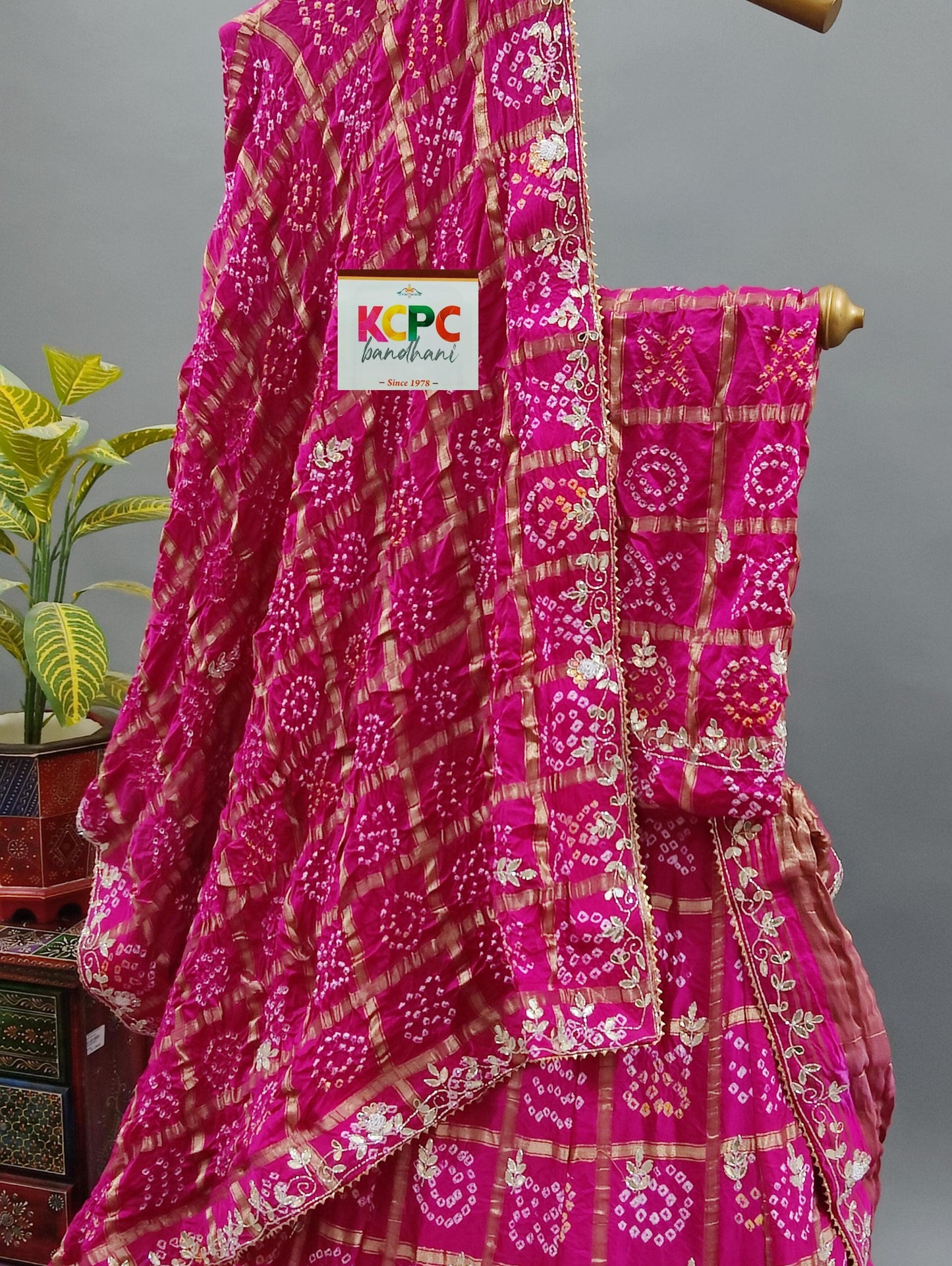 New Launch Designer Jaipuri Gaji Silk Bandhani Ghatchola Lehenga Chunni Set with Heavy Gotapatti Work