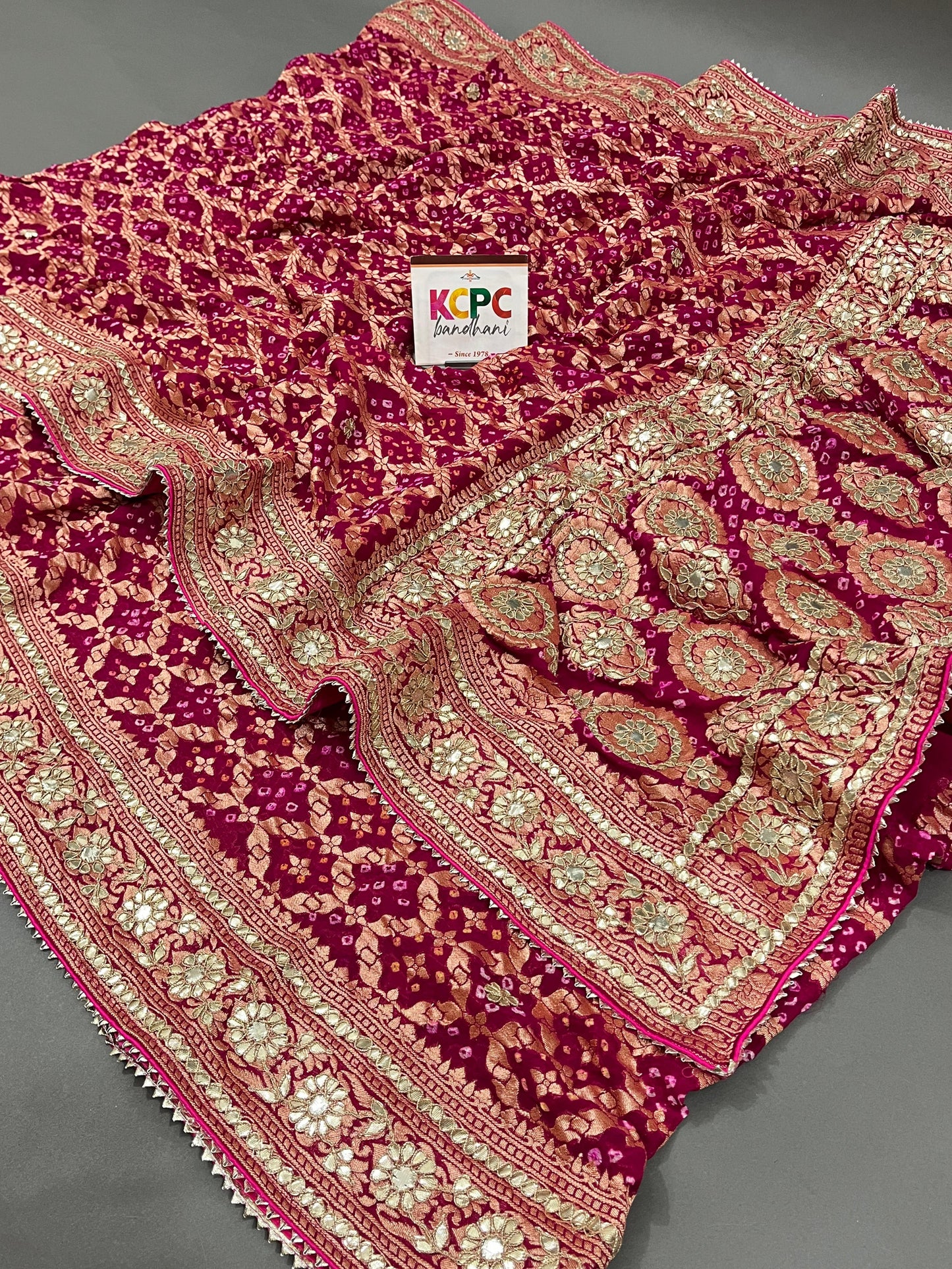 KcPc Designer Sabyasachi Inspired Pure Khaddi Georgette Neemzari Bandhej Gotapatti Zaridoji work Saree with blouse