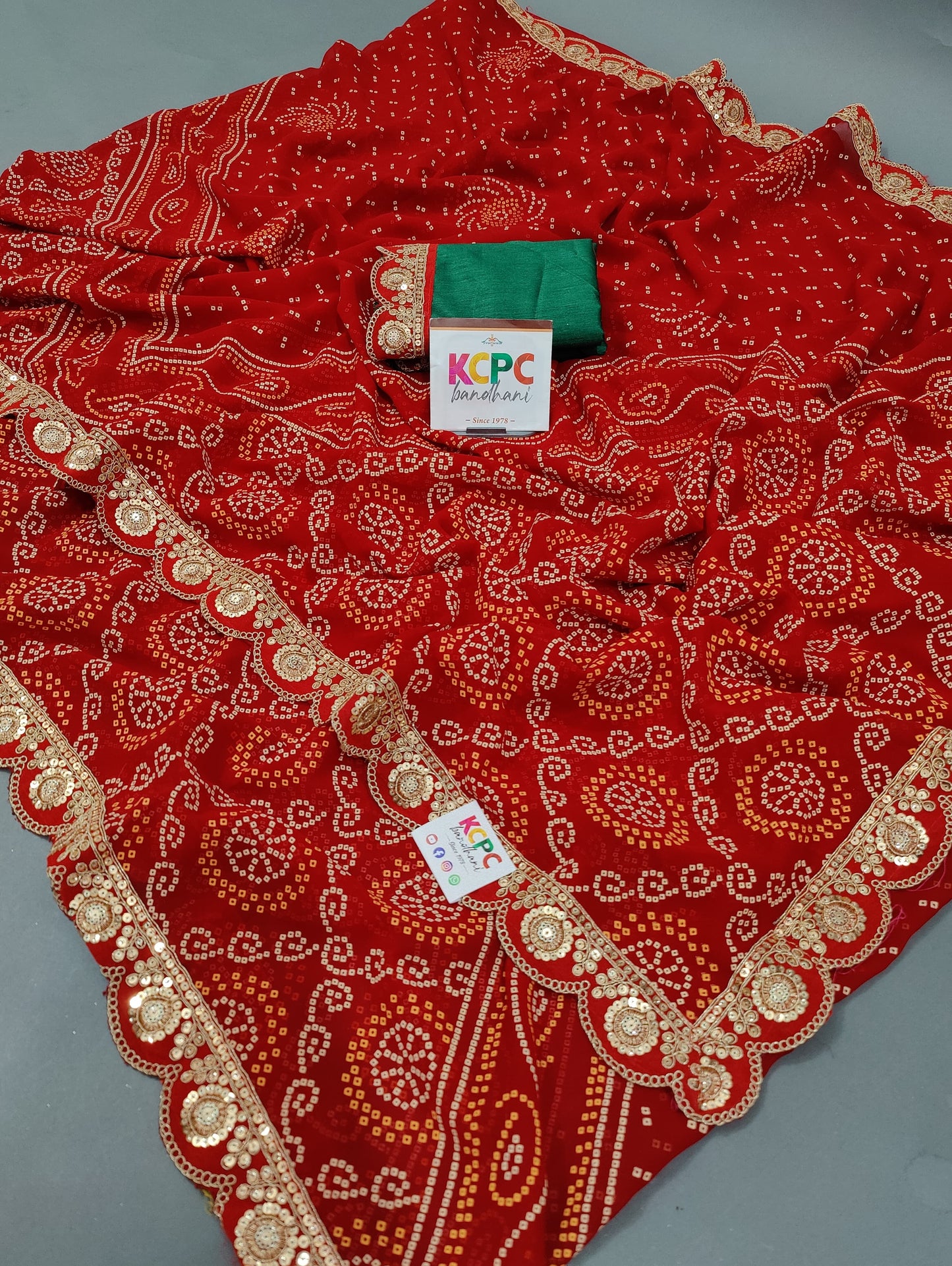 Pure Georgette Jaipuri Traditional Marwadi Chunri Bandhej Gotapatti Work Saree