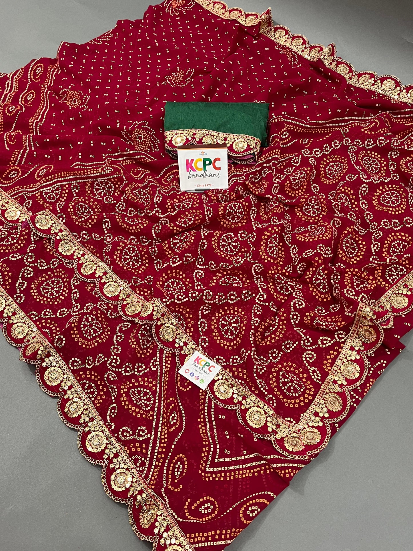 Pure Georgette Jaipuri Traditional Marwadi Chunri Bandhej Gotapatti Work Saree