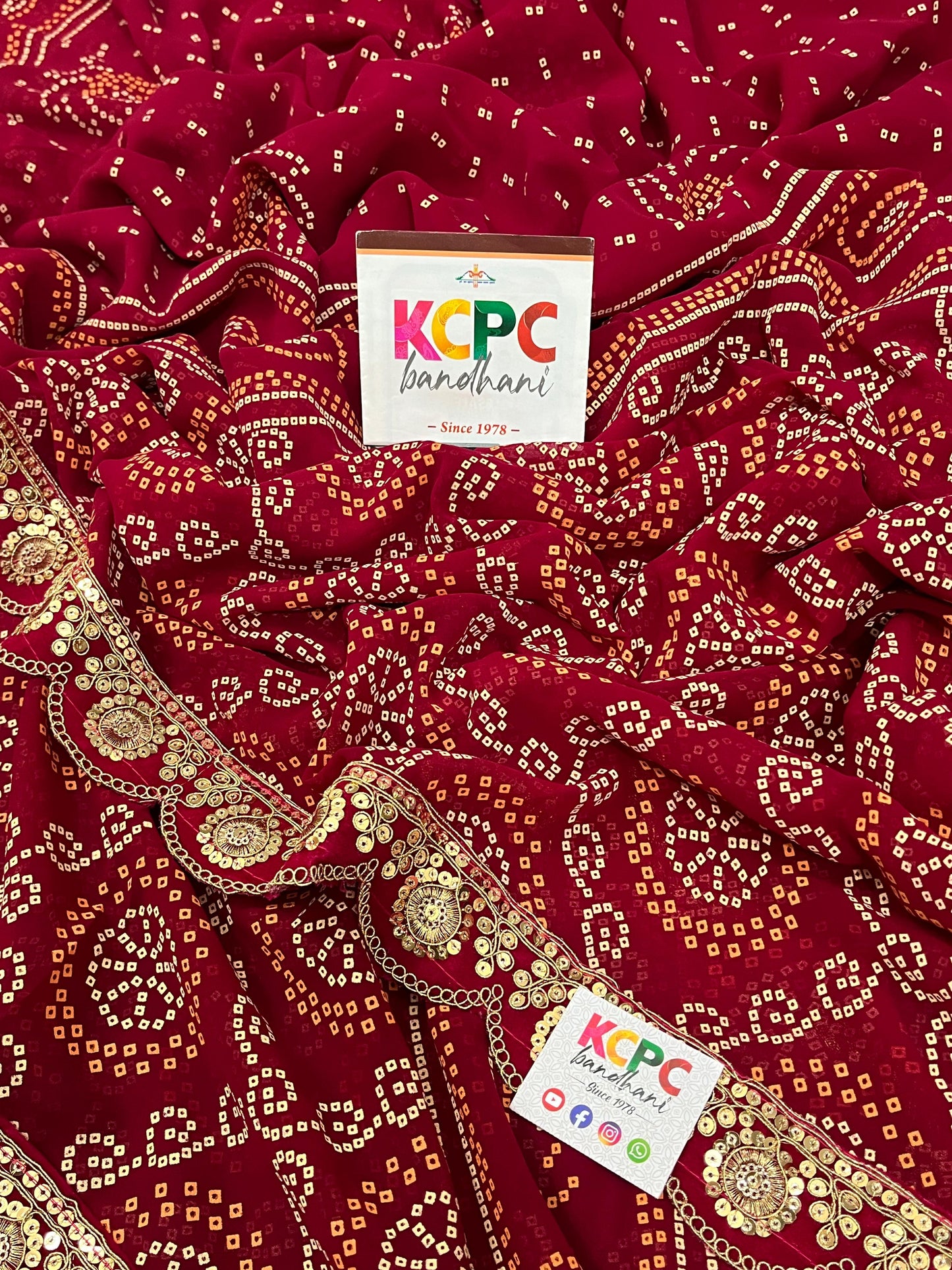 Pure Georgette Jaipuri Traditional Marwadi Chunri Bandhej Gotapatti Work Saree