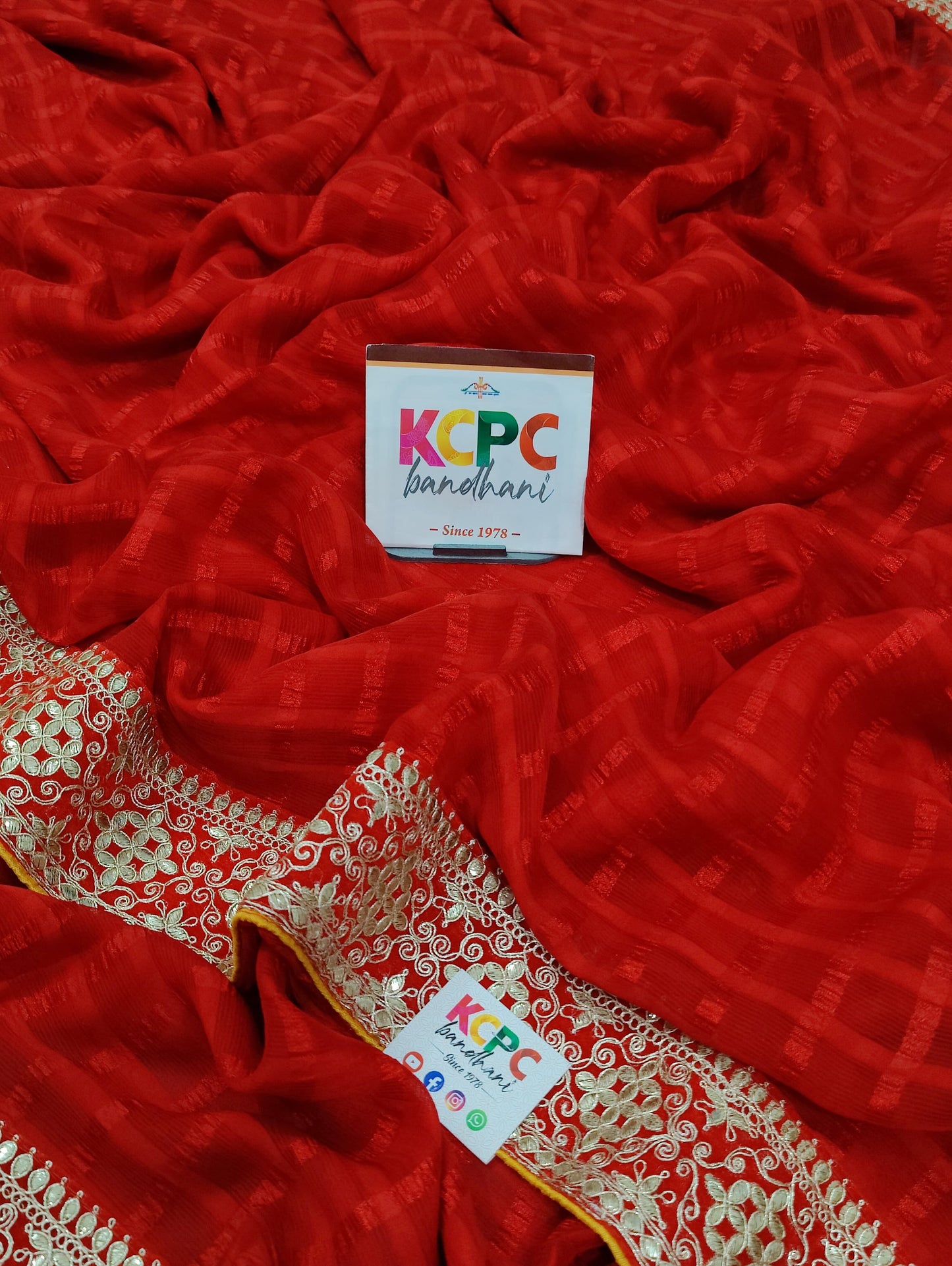 Pure Chiffon Bright Red Gotapatti Border Saree with Blouse