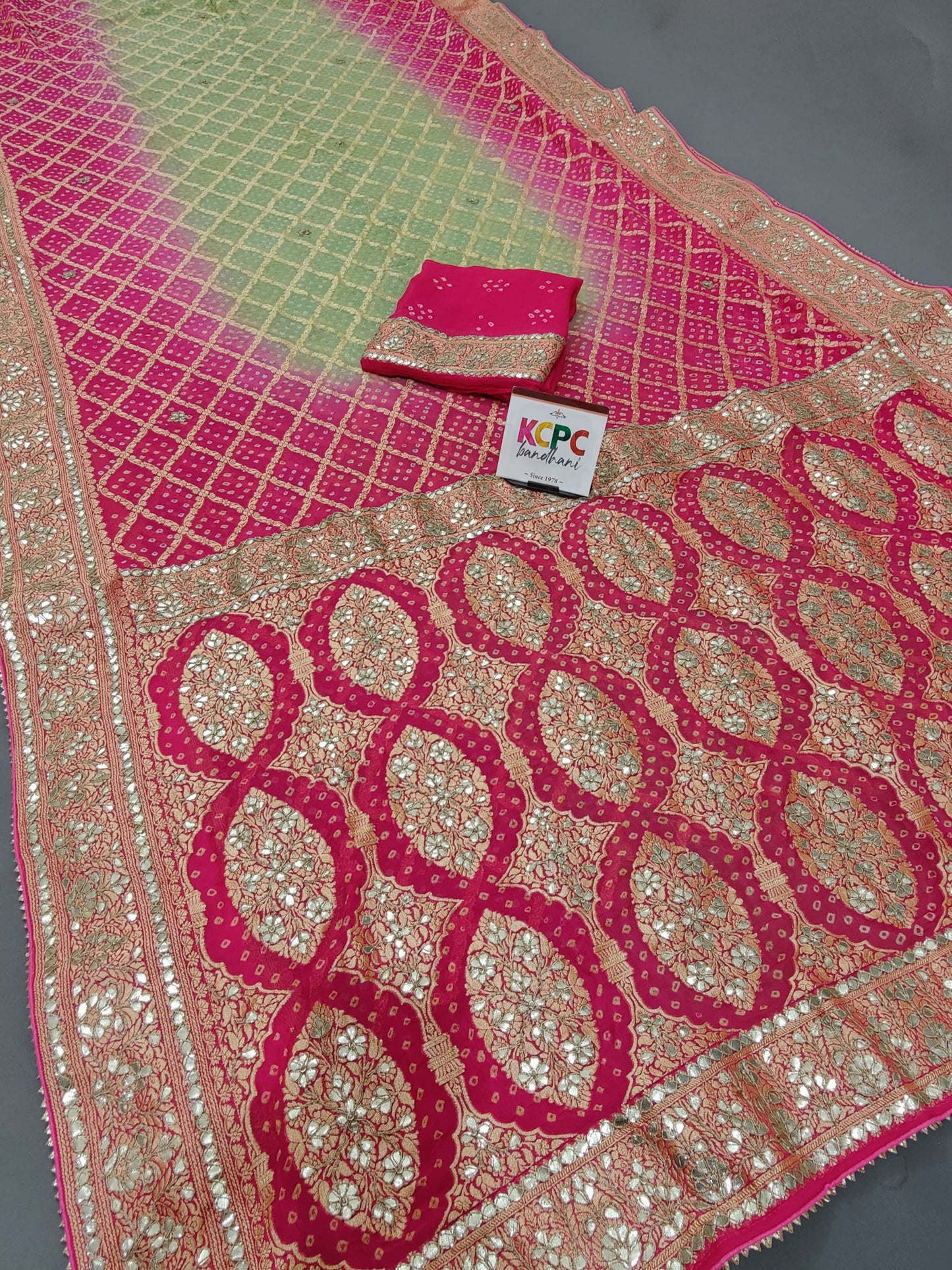 KcPc Designer Sabyasachi Inspired Pure Khaddi Georgette Neemzari Bandhej Gotapatti Zaridoji work Saree with blouse