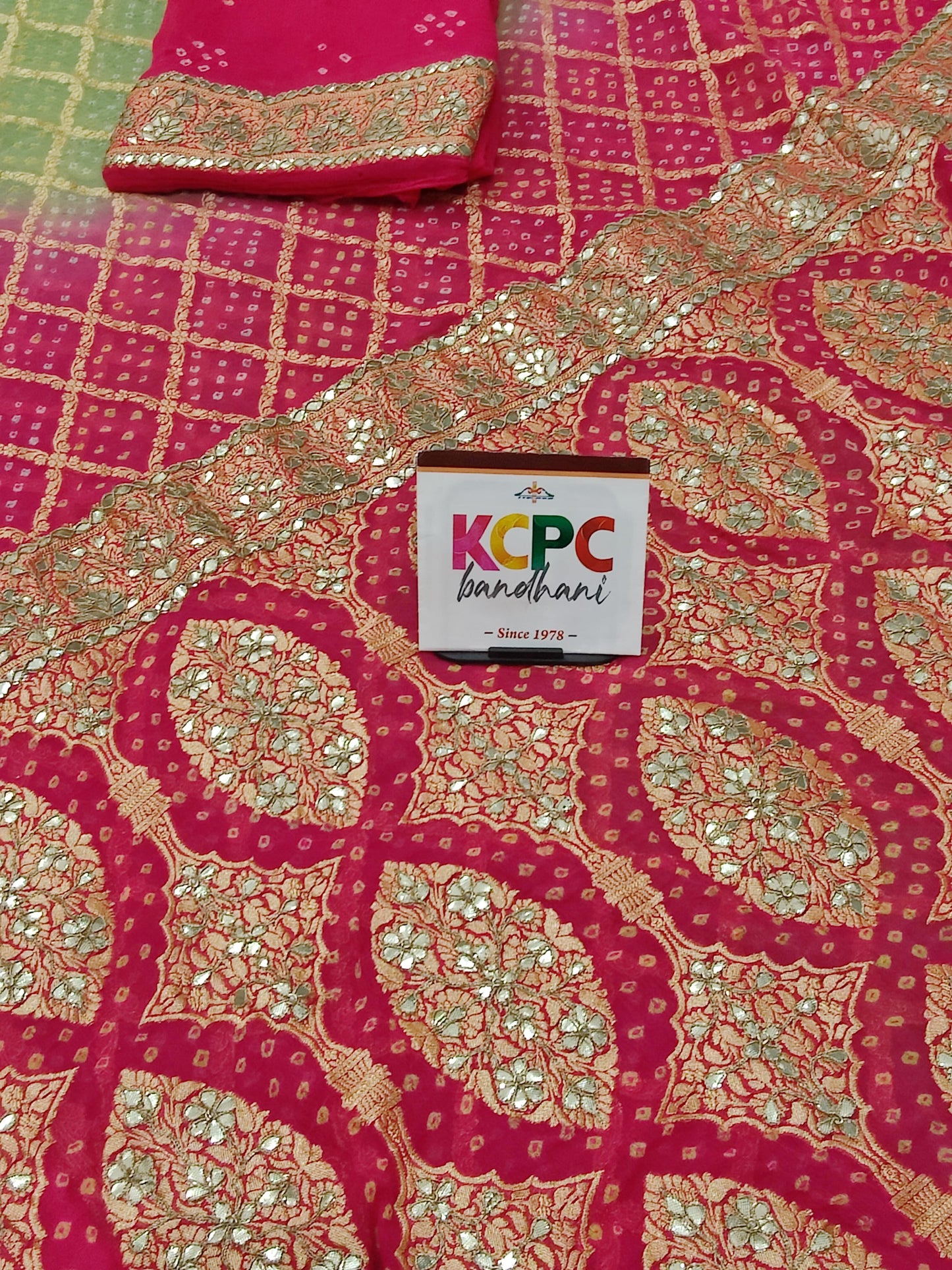 KcPc Designer Sabyasachi Inspired Pure Khaddi Georgette Neemzari Bandhej Gotapatti Zaridoji work Saree with blouse