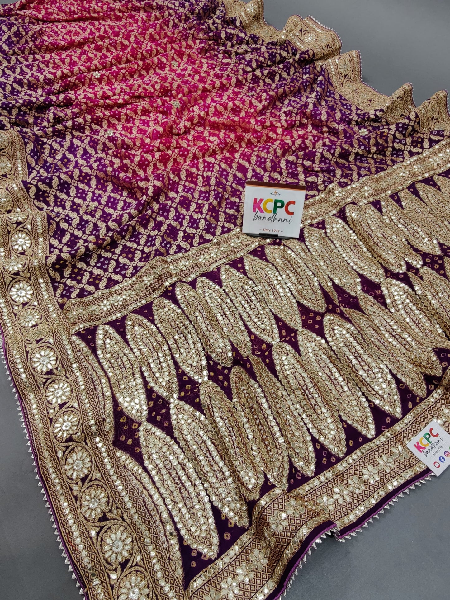 KcPc Designer Sabyasachi Inspired Pure Khaddi Georgette Neemzari Bandhej Gotapatti Zaridoji work Saree with blouse