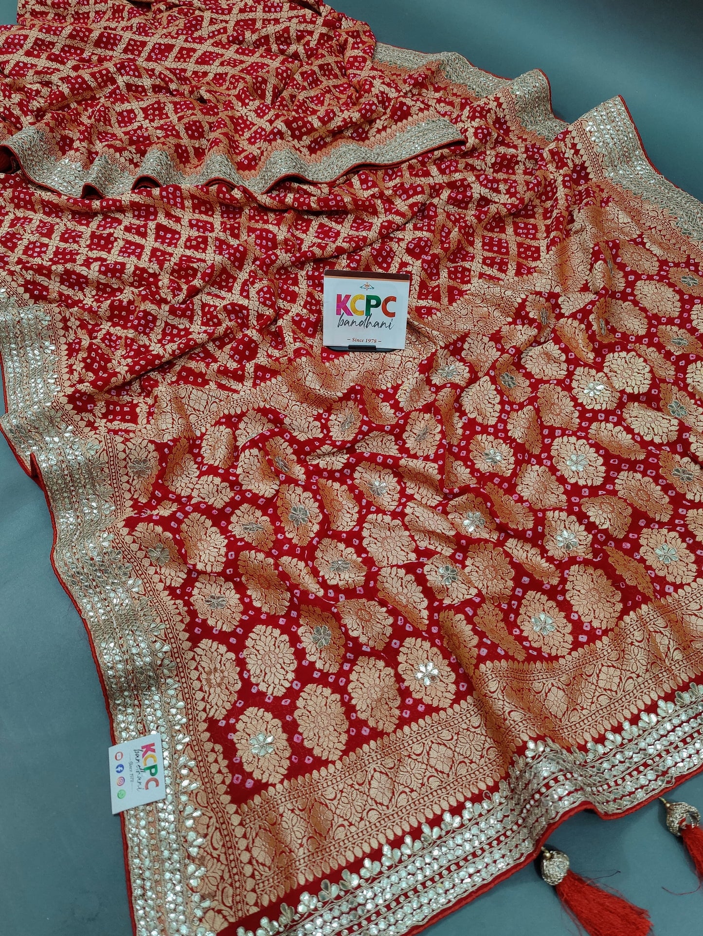 Latest New Pure Khaddi Georgette Neemzari Bandhej Gotapatti work saree with blouse, KCPC, AMT