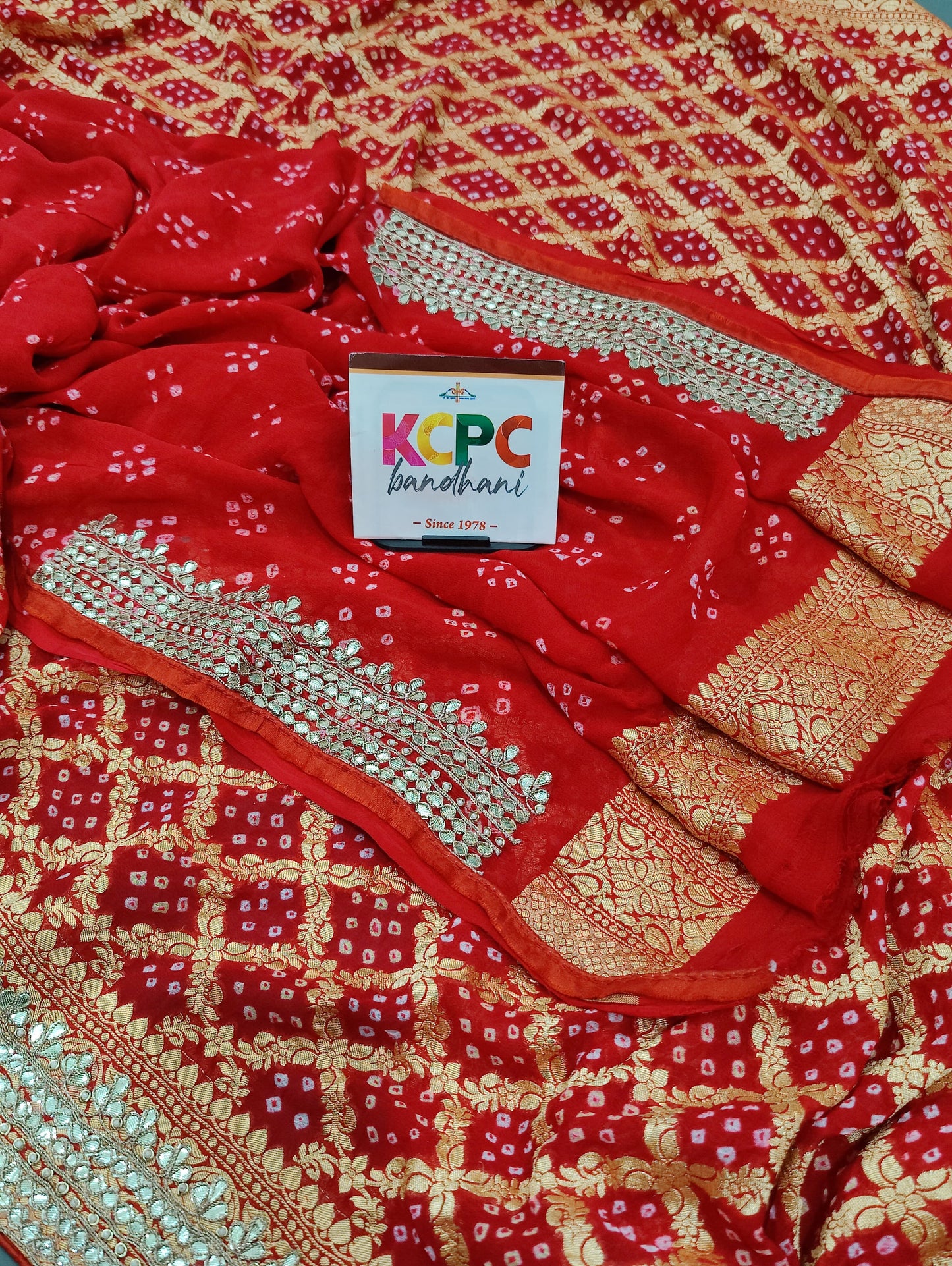 Latest New Pure Khaddi Georgette Neemzari Bandhej Gotapatti work saree with blouse, KCPC, AMT