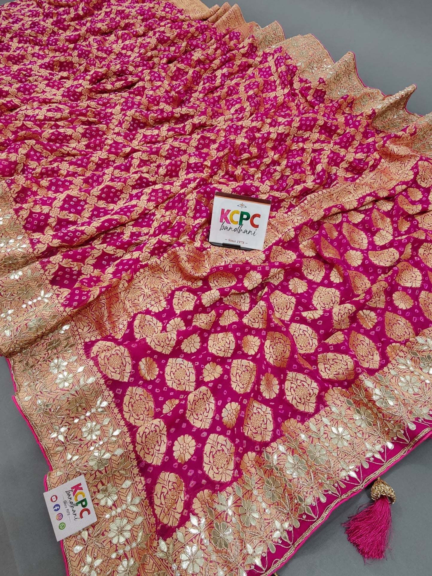 Latest New Pure Khaddi Georgette Neemzari Bandhej Gotapatti work saree with blouse, KCPC, AMT