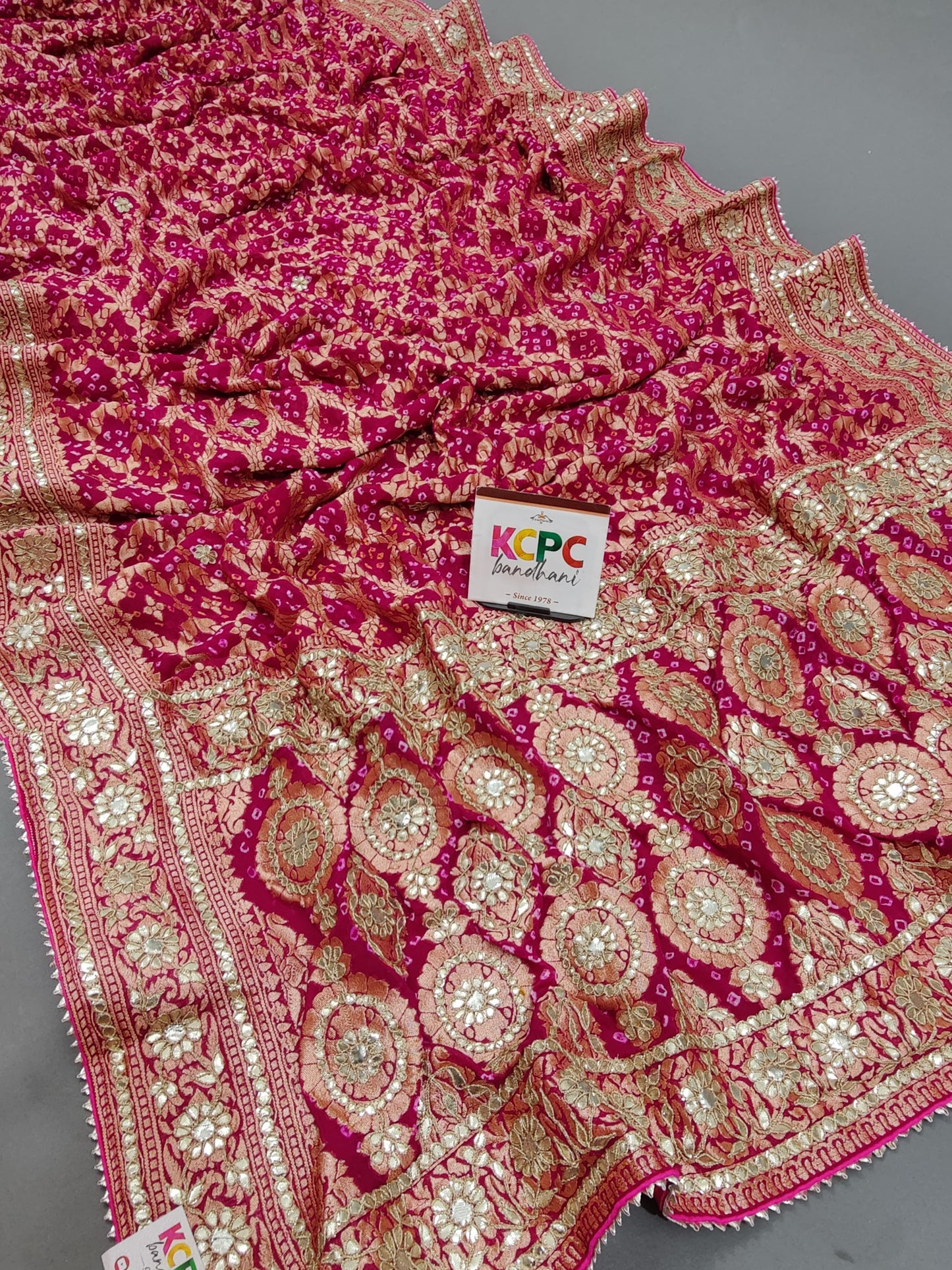 KcPc Designer Sabyasachi Inspired Pure Khaddi Georgette Neemzari Bandhej Gotapatti Zaridoji work Saree with blouse