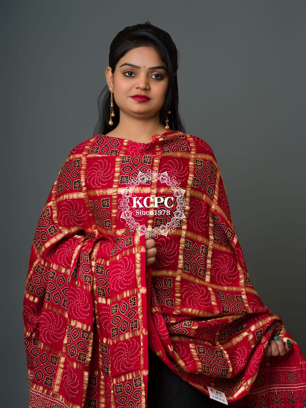 Pure Gaji Silk Original Ajrakh Hand block print Shikara Pallu Banarasi Dupatta