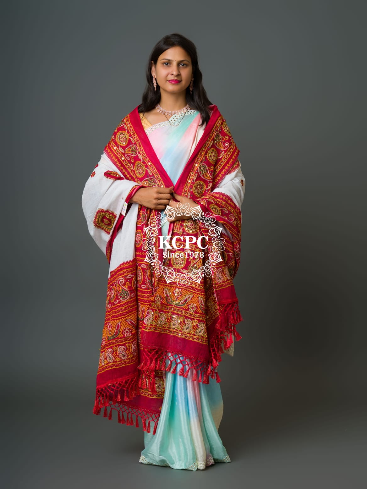 New Pure Cotton Designer bandhani Aaratari work panetar style dupatta Red-White