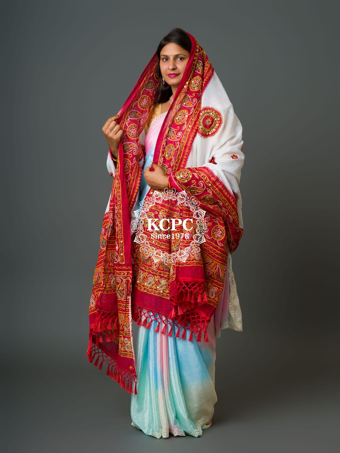 New Pure Cotton Designer bandhani Aaratari work panetar style dupatta Red-White