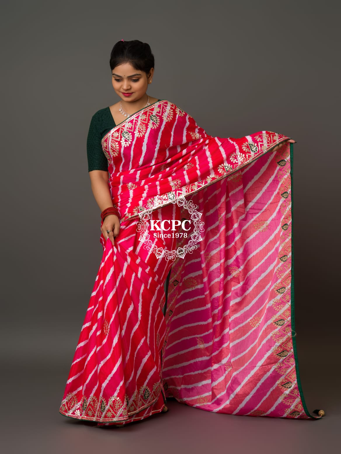 Latest Jaipuri Traditional Chinon Fabric leheriya saree with Gota Patti work , KCPC , SWA