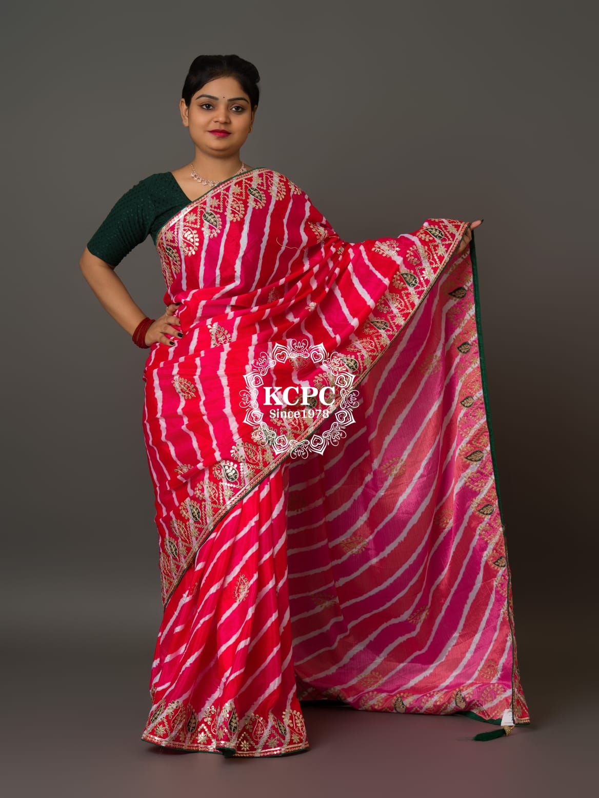 Latest Jaipuri Traditional Chinon Fabric leheriya saree with Gota Patti work , KCPC , SWA