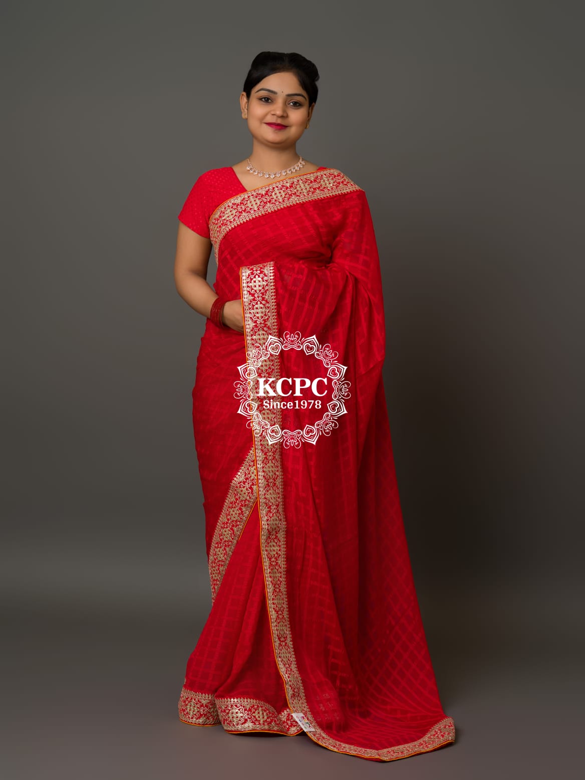 Pure Chiffon Bright Red Gotapatti Border Saree with Blouse