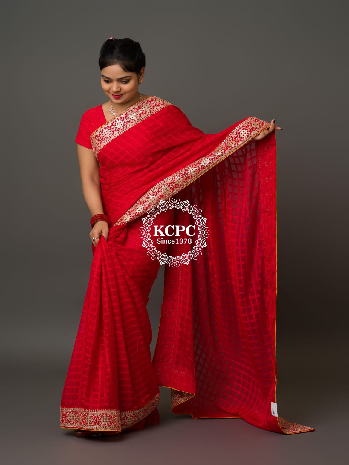 Pure Chiffon Bright Red Gotapatti Border Saree with Blouse