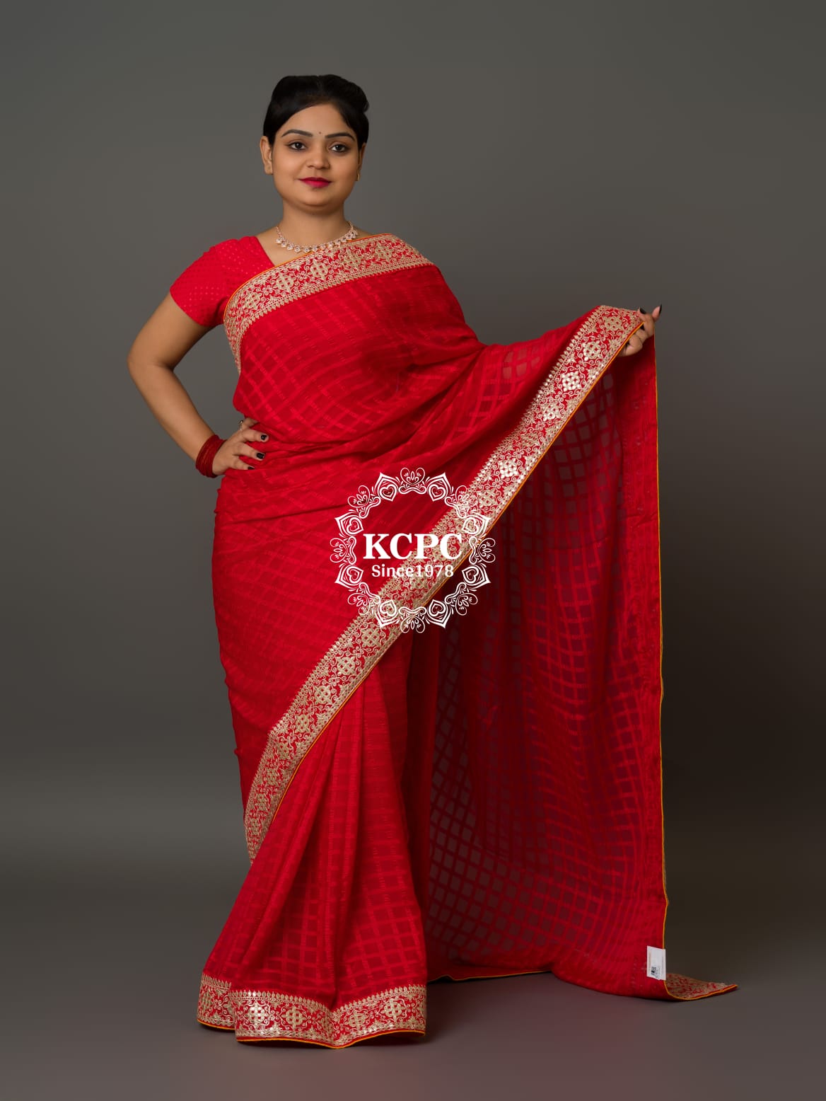 Pure Chiffon Bright Red Gotapatti Border Saree with Blouse