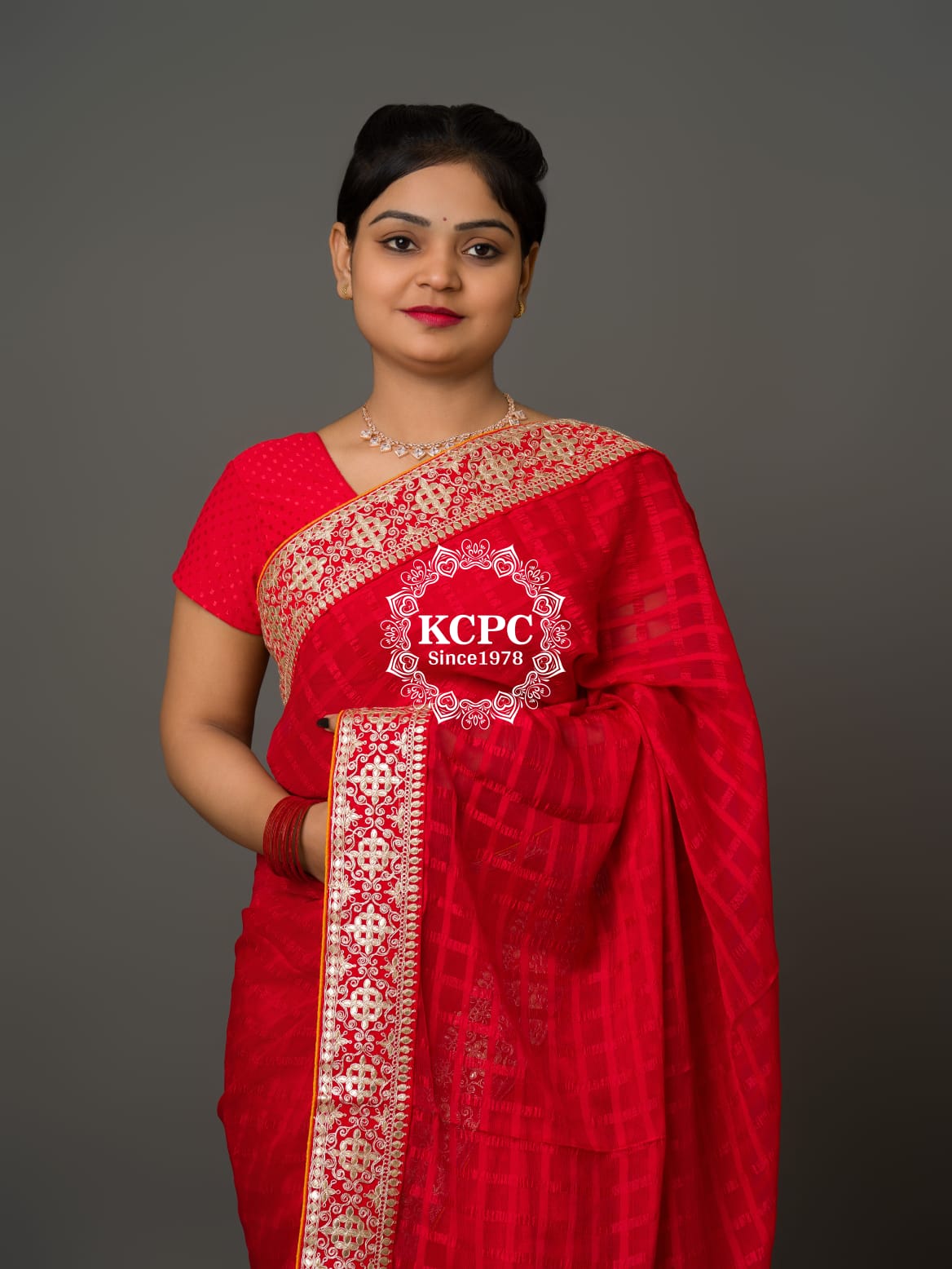 Pure Chiffon Bright Red Gotapatti Border Saree with Blouse