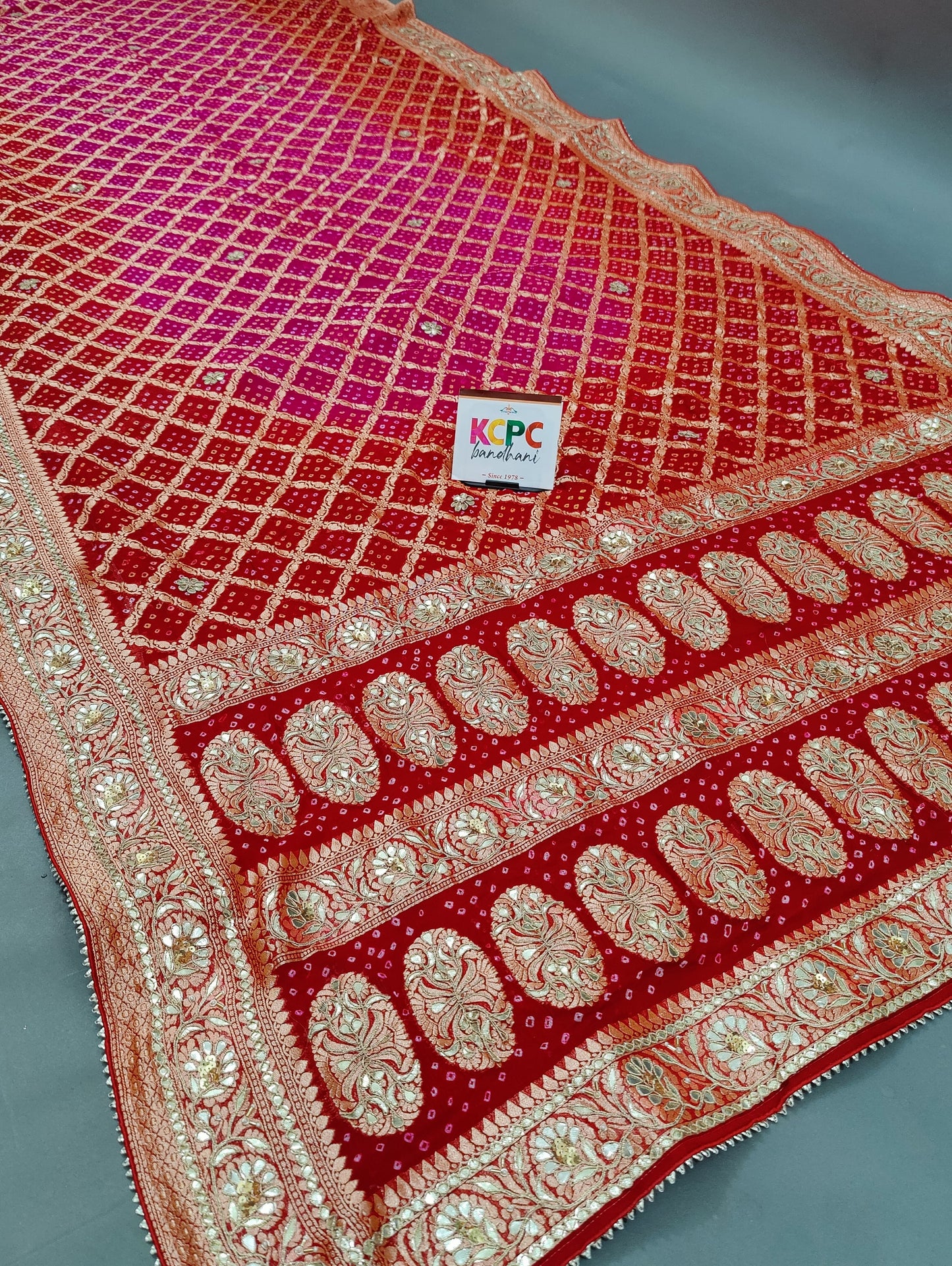 KcPc Designer Sabyasachi Inspired Pure Khaddi Georgette Neemzari Bandhej Gotapatti Zaridoji work Saree with blouse