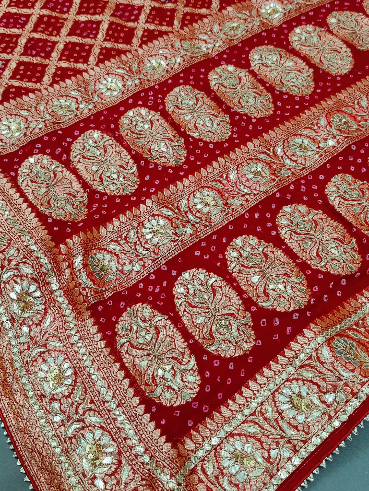 KcPc Designer Sabyasachi Inspired Pure Khaddi Georgette Neemzari Bandhej Gotapatti Zaridoji work Saree with blouse