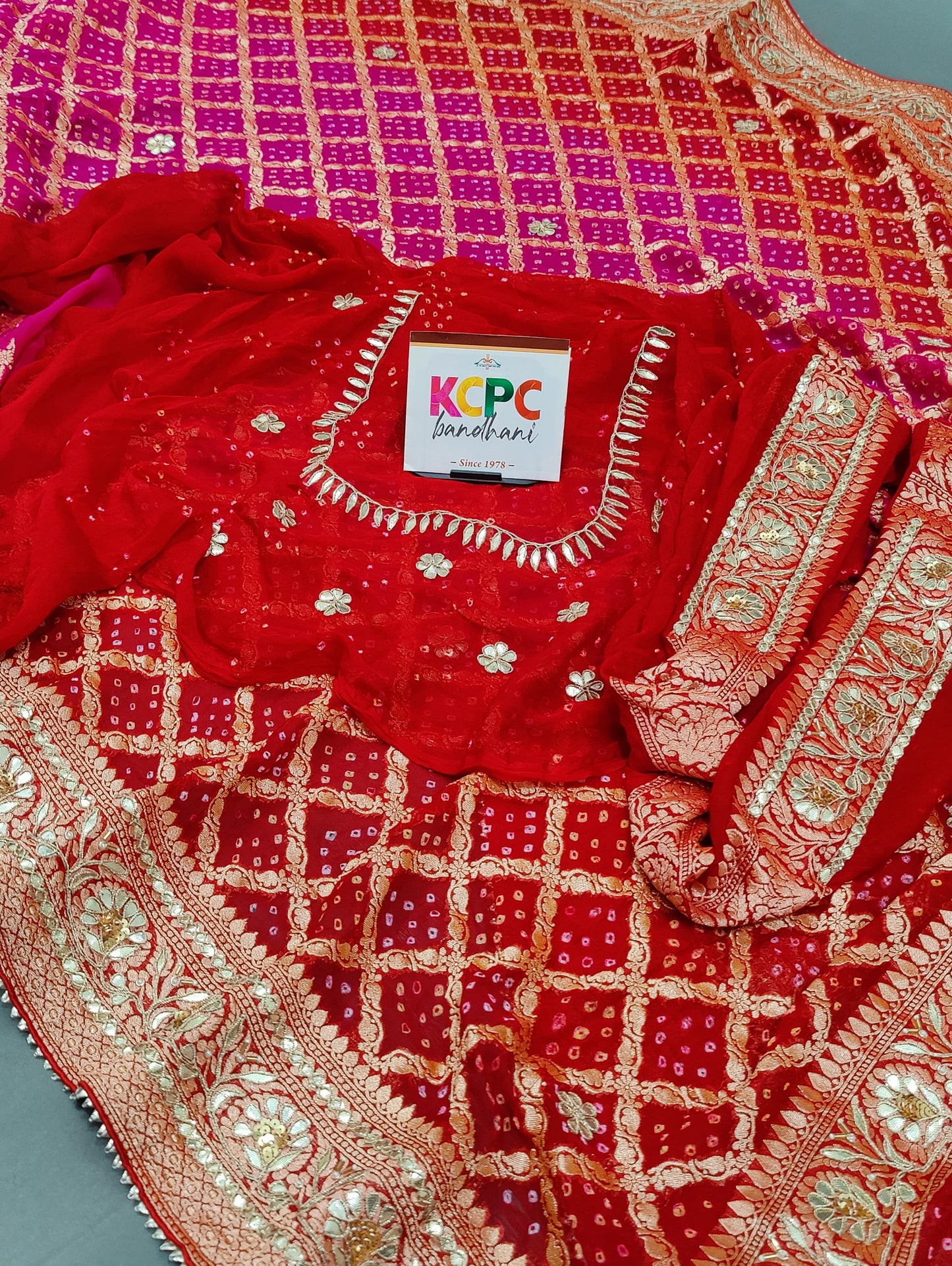 KcPc Designer Sabyasachi Inspired Pure Khaddi Georgette Neemzari Bandhej Gotapatti Zaridoji work Saree with blouse