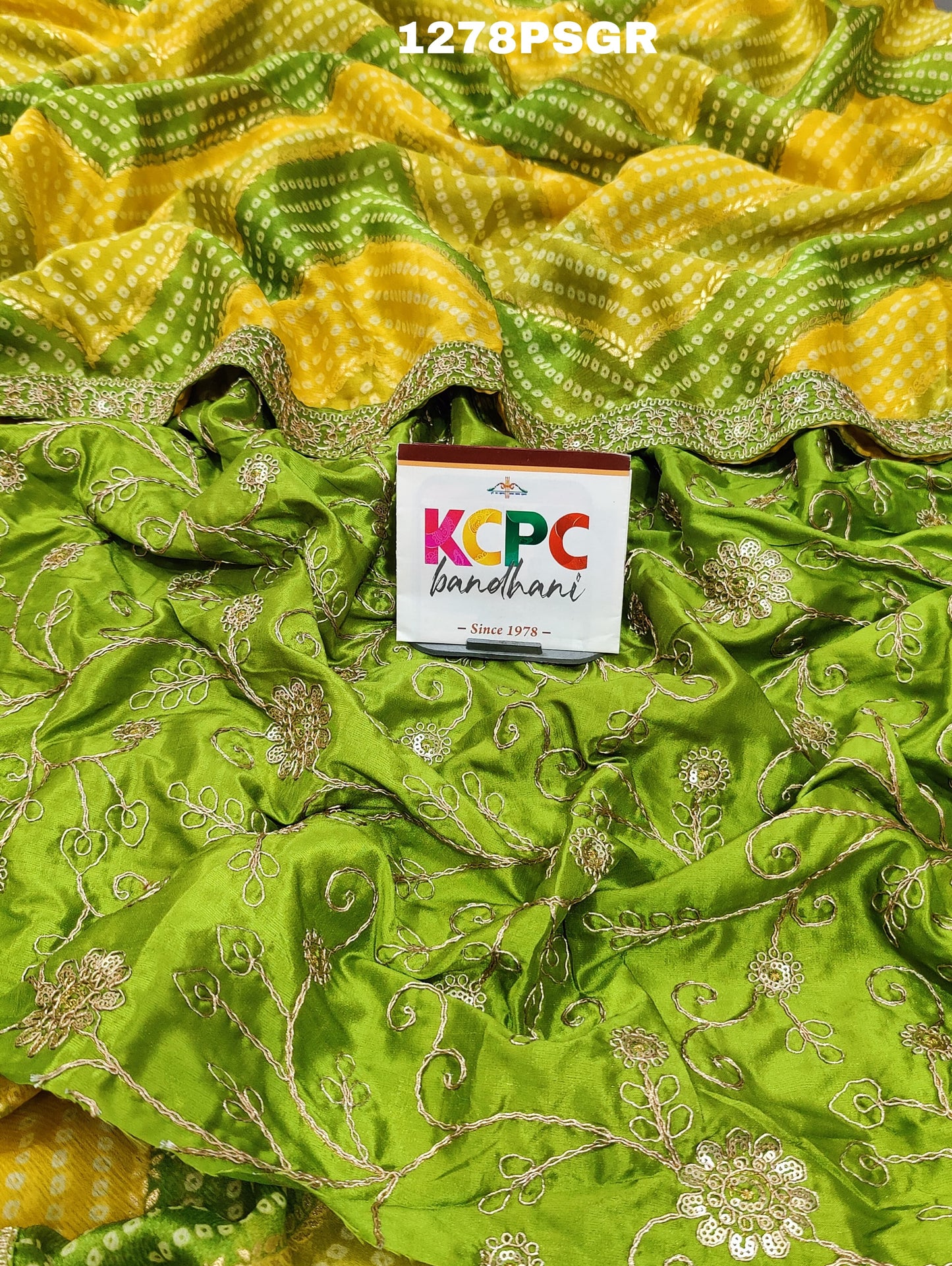 KcPc New chiffon Zig Zag foil print bandhani saree,SRD