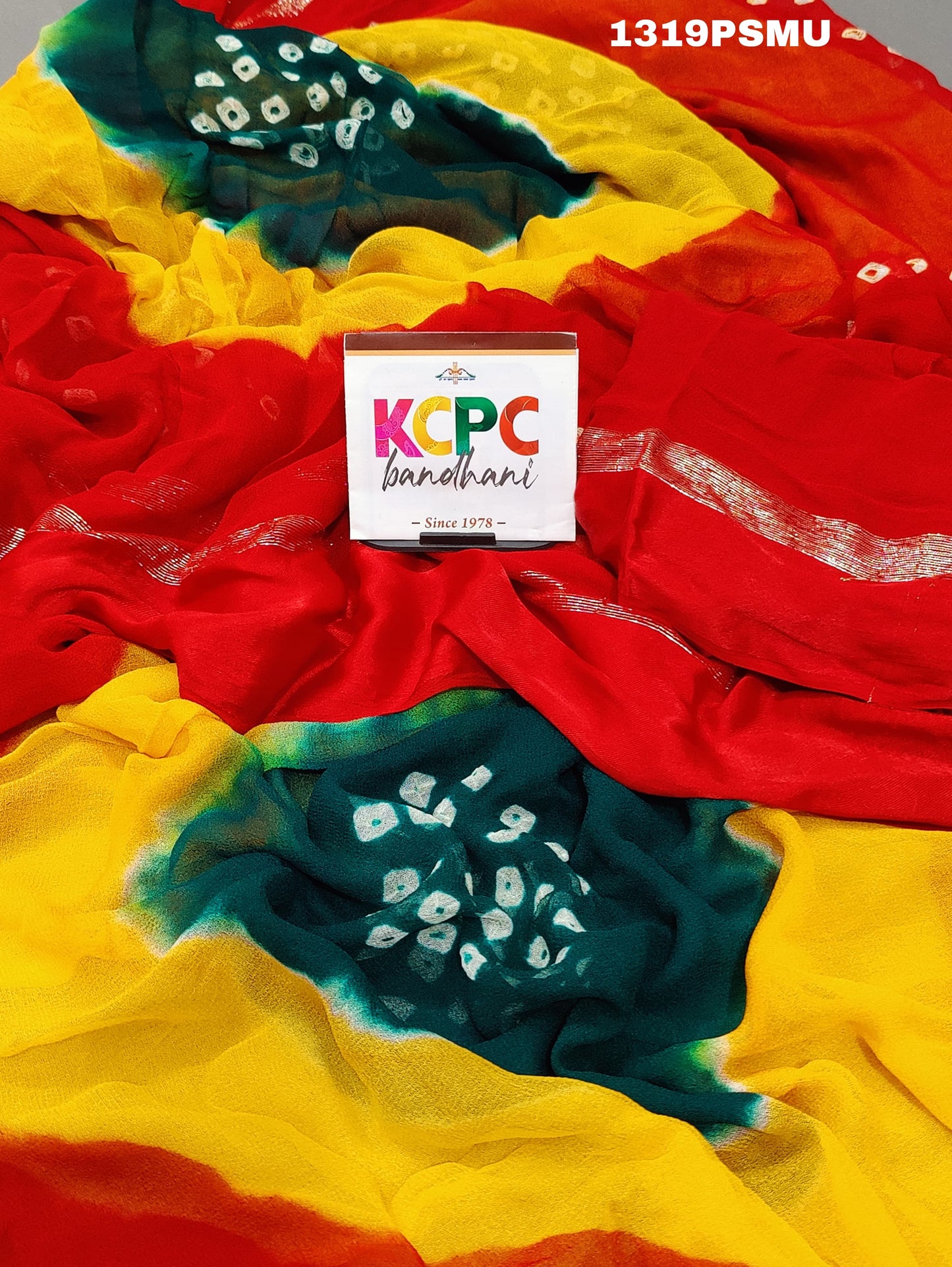 KcPc New Pure Georgette Multi Colour Satin Patta Border Bandhni saree,LAL