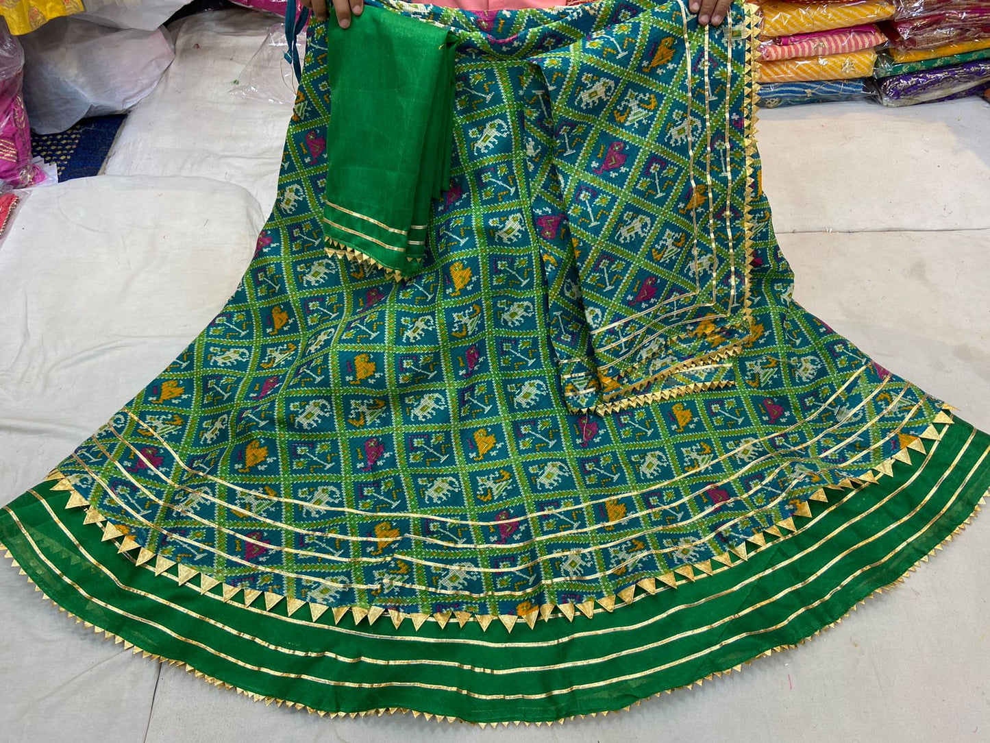 Latest Jaipur Patola Style Kota Doriya Gota Pathi Lehengas Nr Kml Green Lehenga