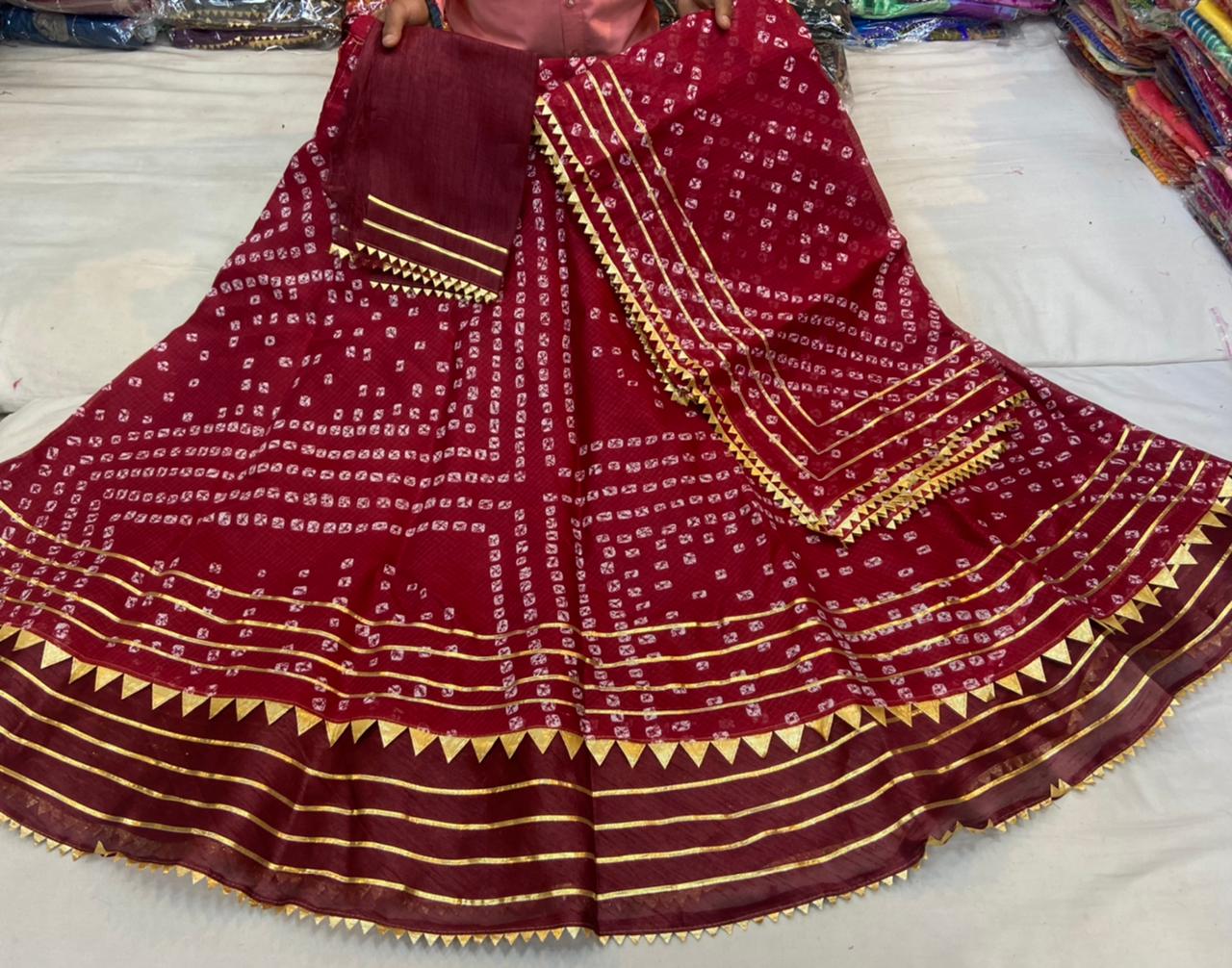 Latest Jaipur Chunri Style Kota Doriya Gota Pathi Lehengas Nr Kml Mehroon Lehenga