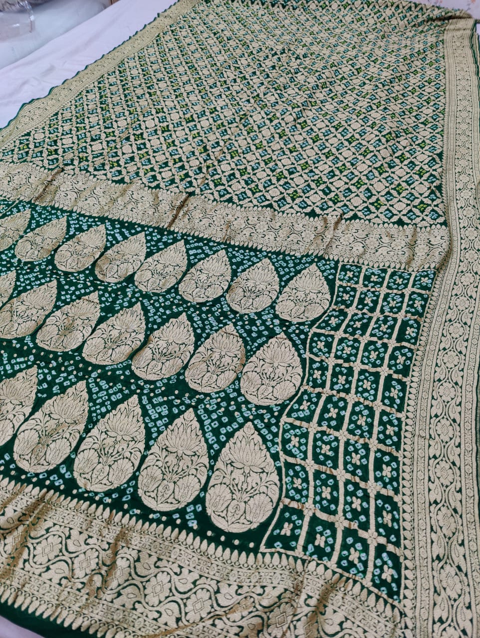 Pure Khaddi Georgette Banarasi Bandhej Ghatchola Saree Ir Kc Green